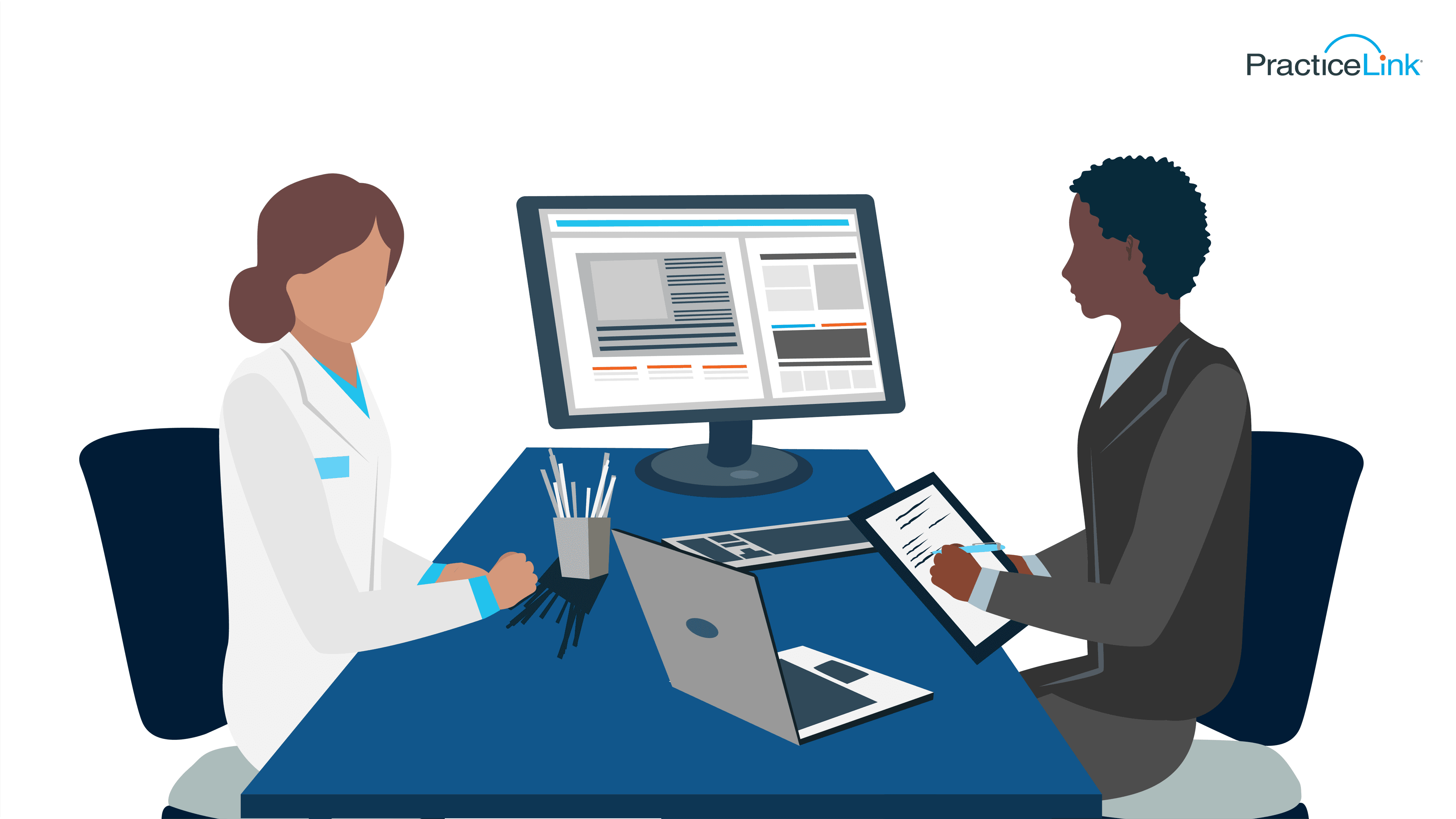 animated physician and recruiter meeting across the desk