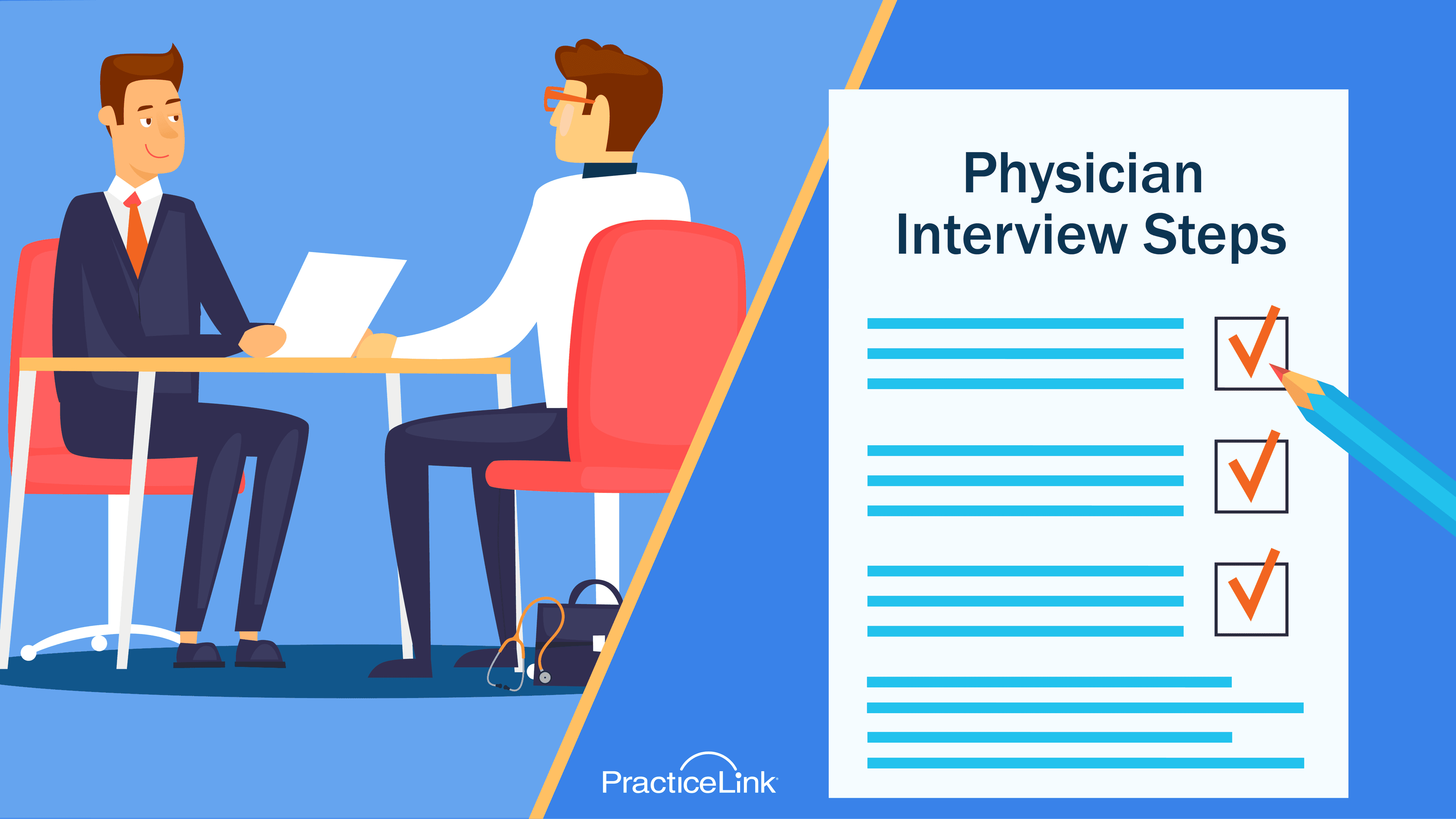 Physician candidate interviewing with a recruiter next to a checklist of physician interview steps