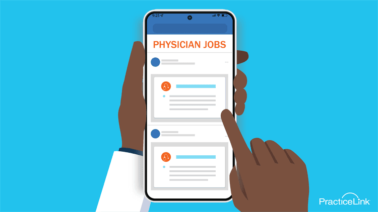 a physician on a smart phone looking at jobs on social media