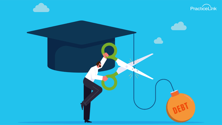 Animated physician cutting line between graduation cap and debt