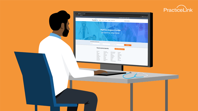 Animated image of doctor searching physician job board on computer