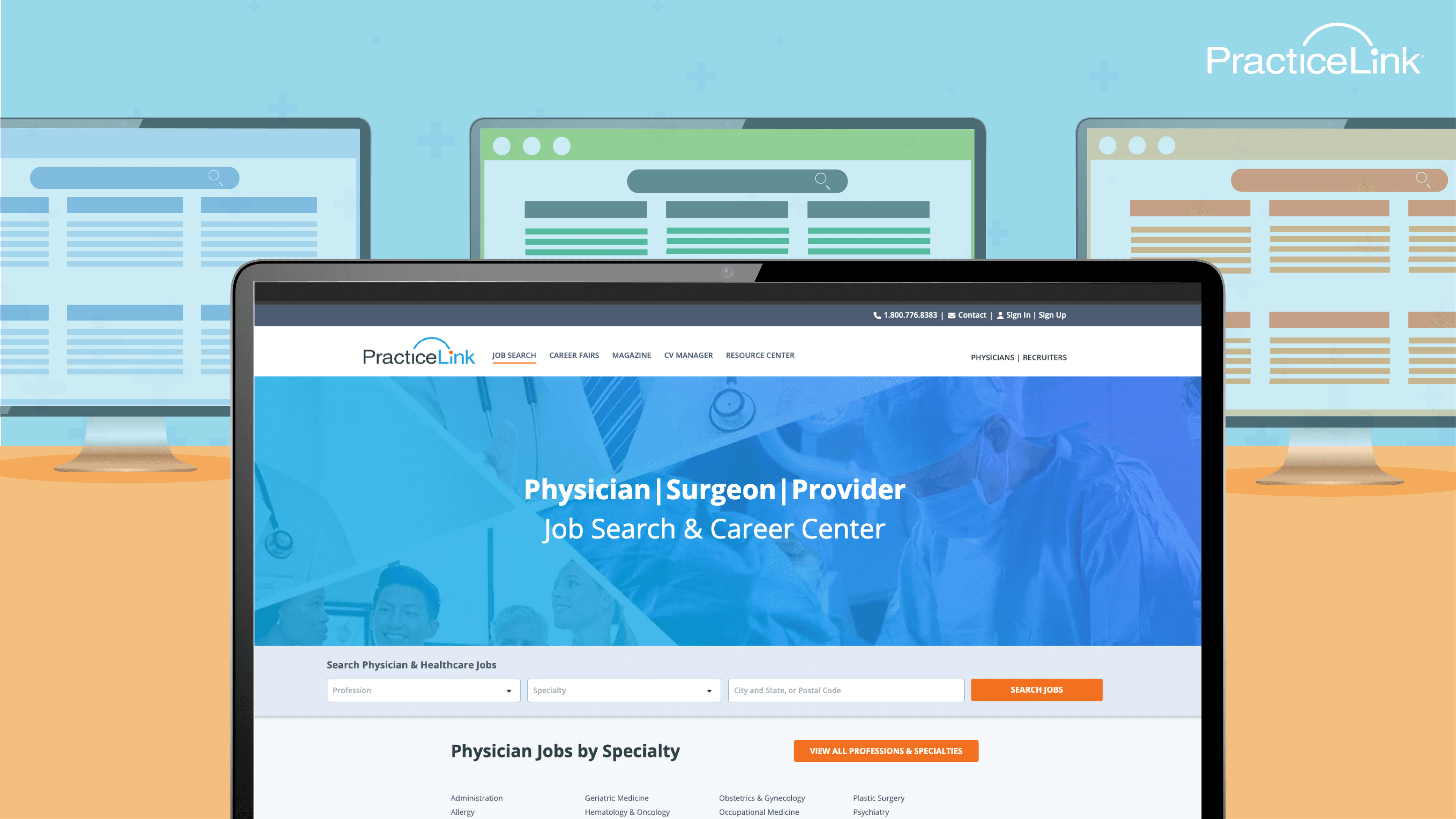 Animated image of different physician job boards.