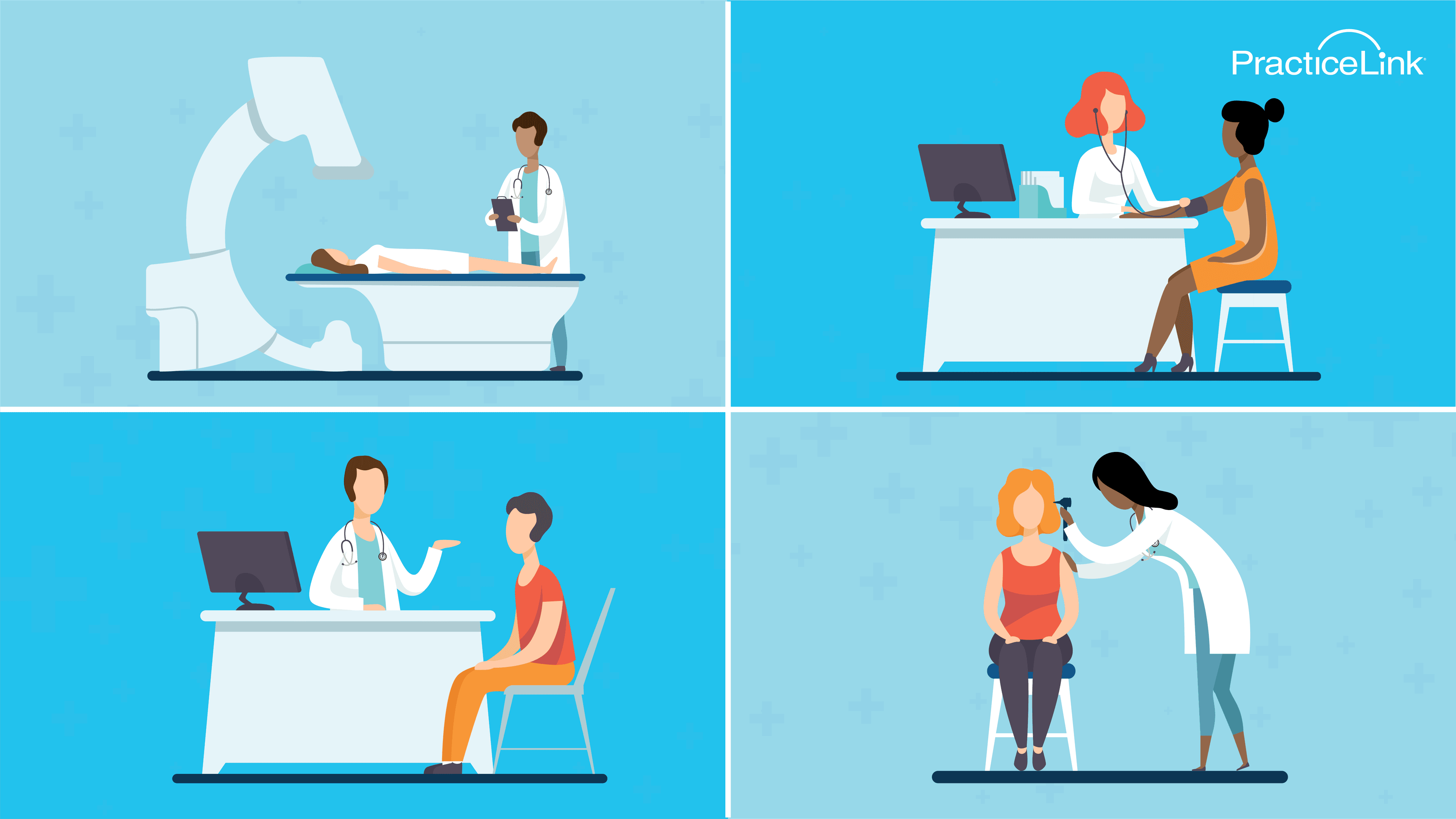 Animated images showing aspects that make up the physician job description.