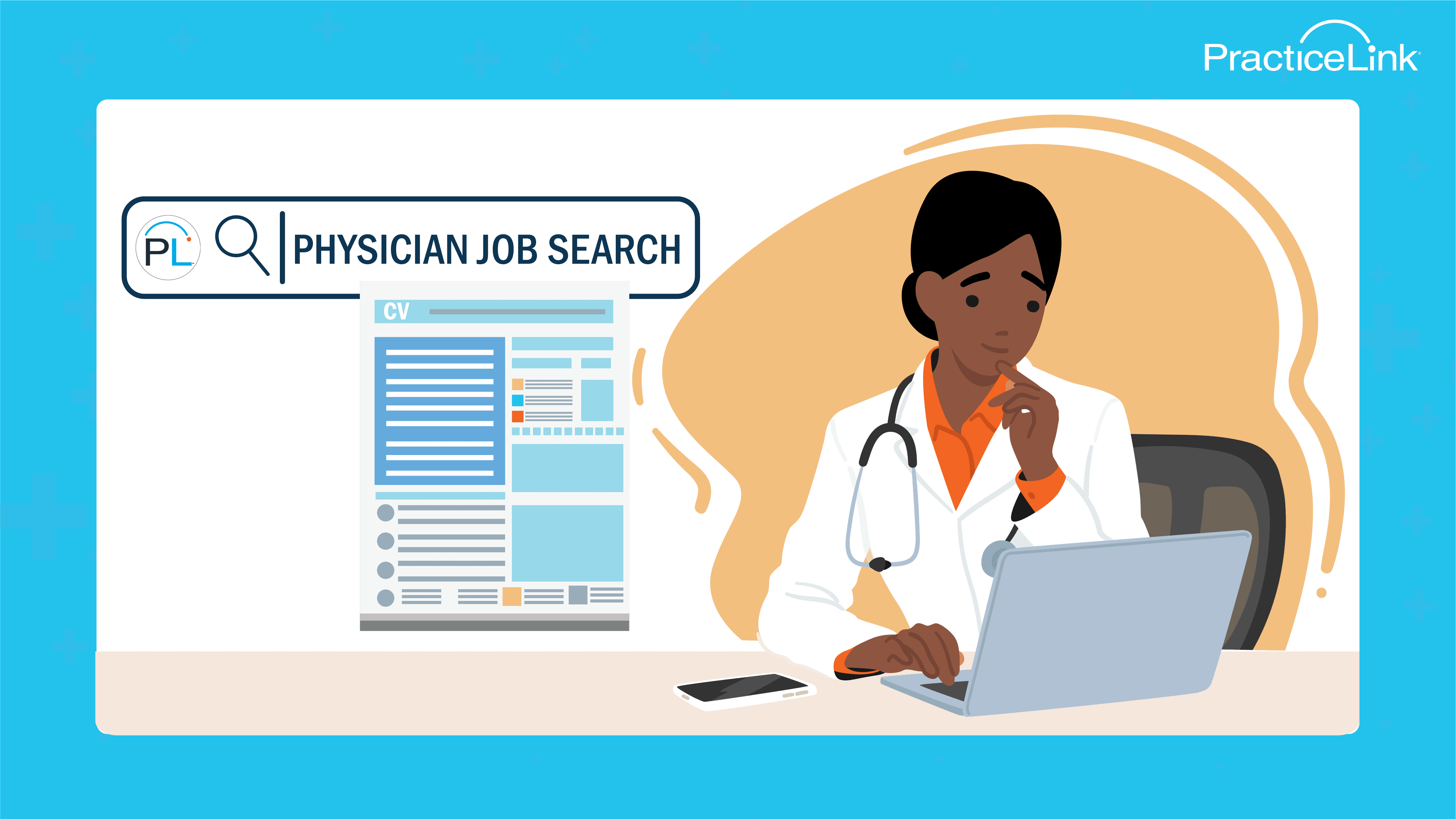 Animated image of a physician during the process of a physician job search.