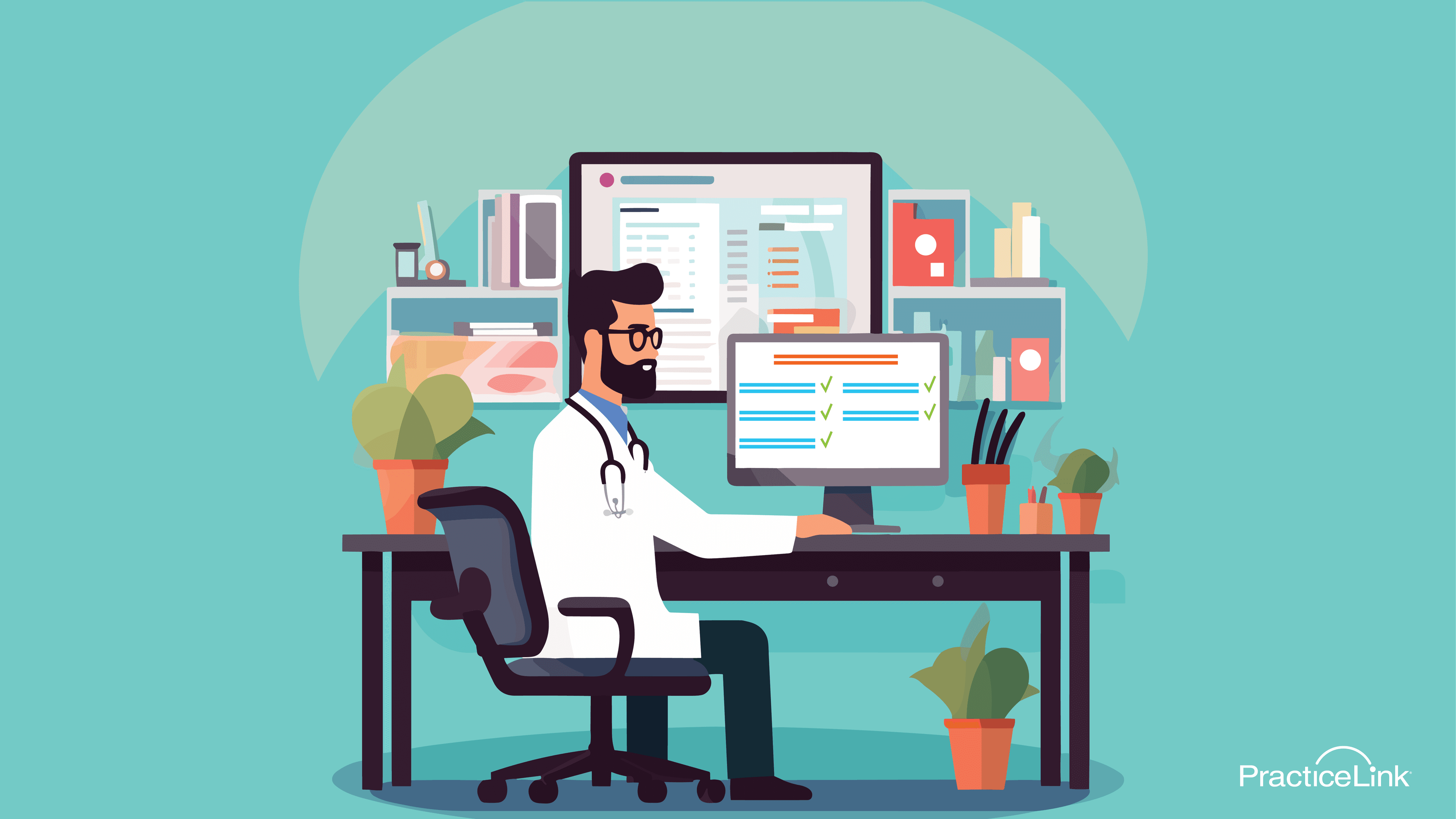 Physician at a desk, looking at a computer with a checklist