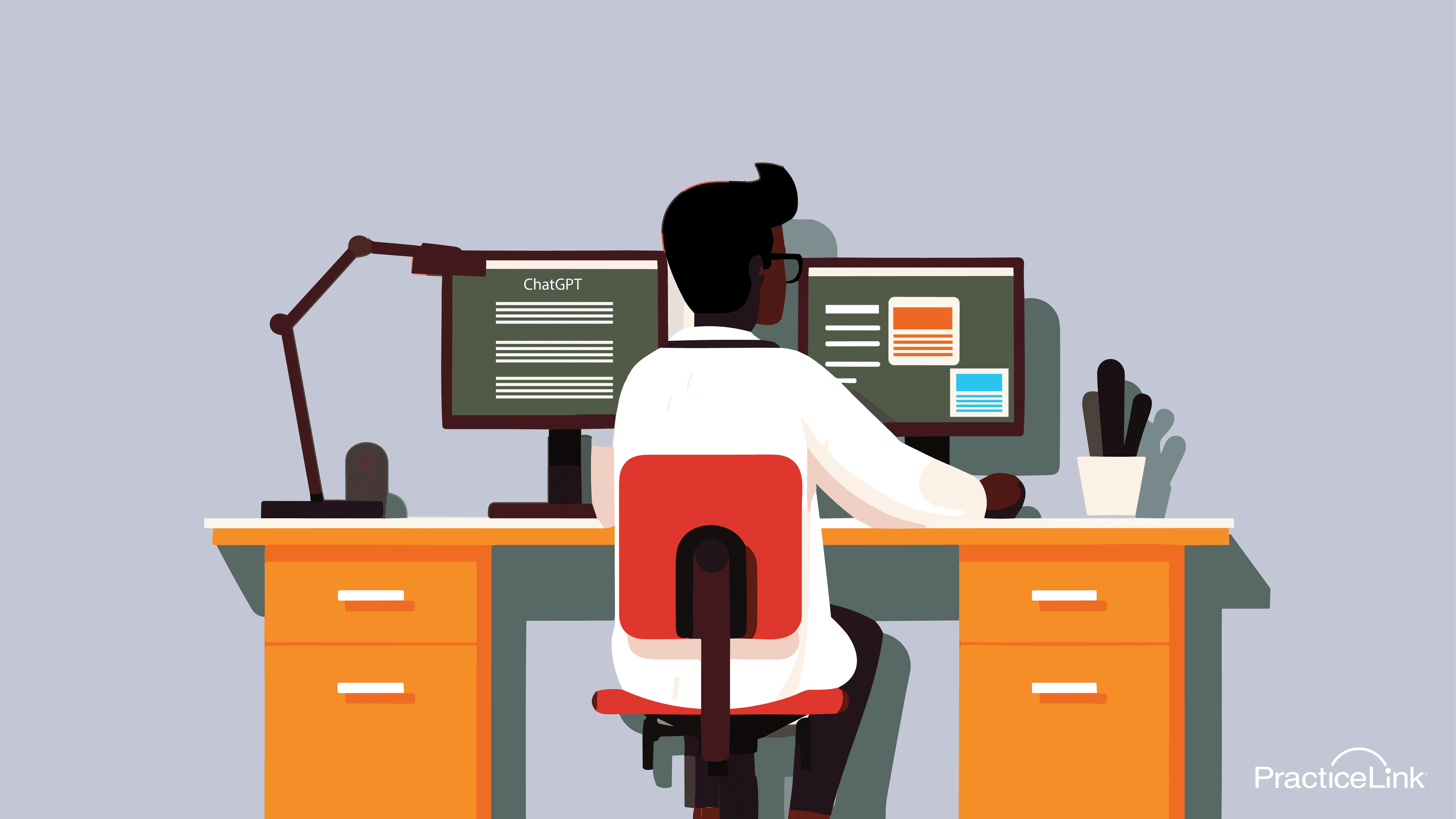 Phhsician at a desk with two monitors, enhancing the physician job search with ChatGPT