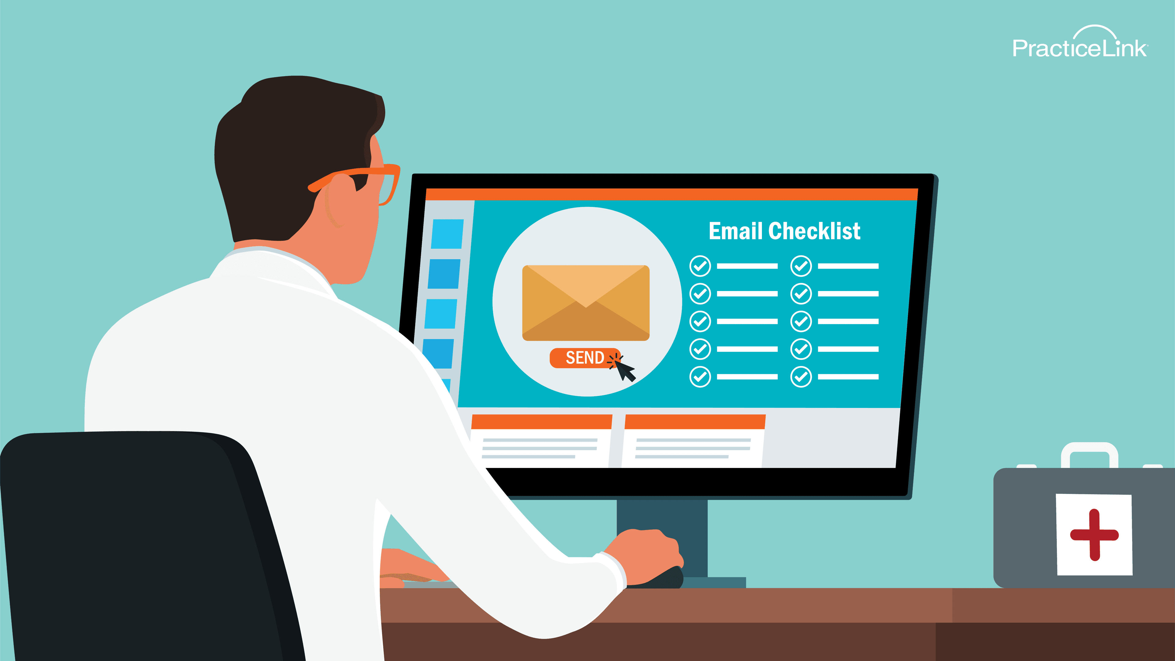 physician in front of a computer, looking at an email checklist