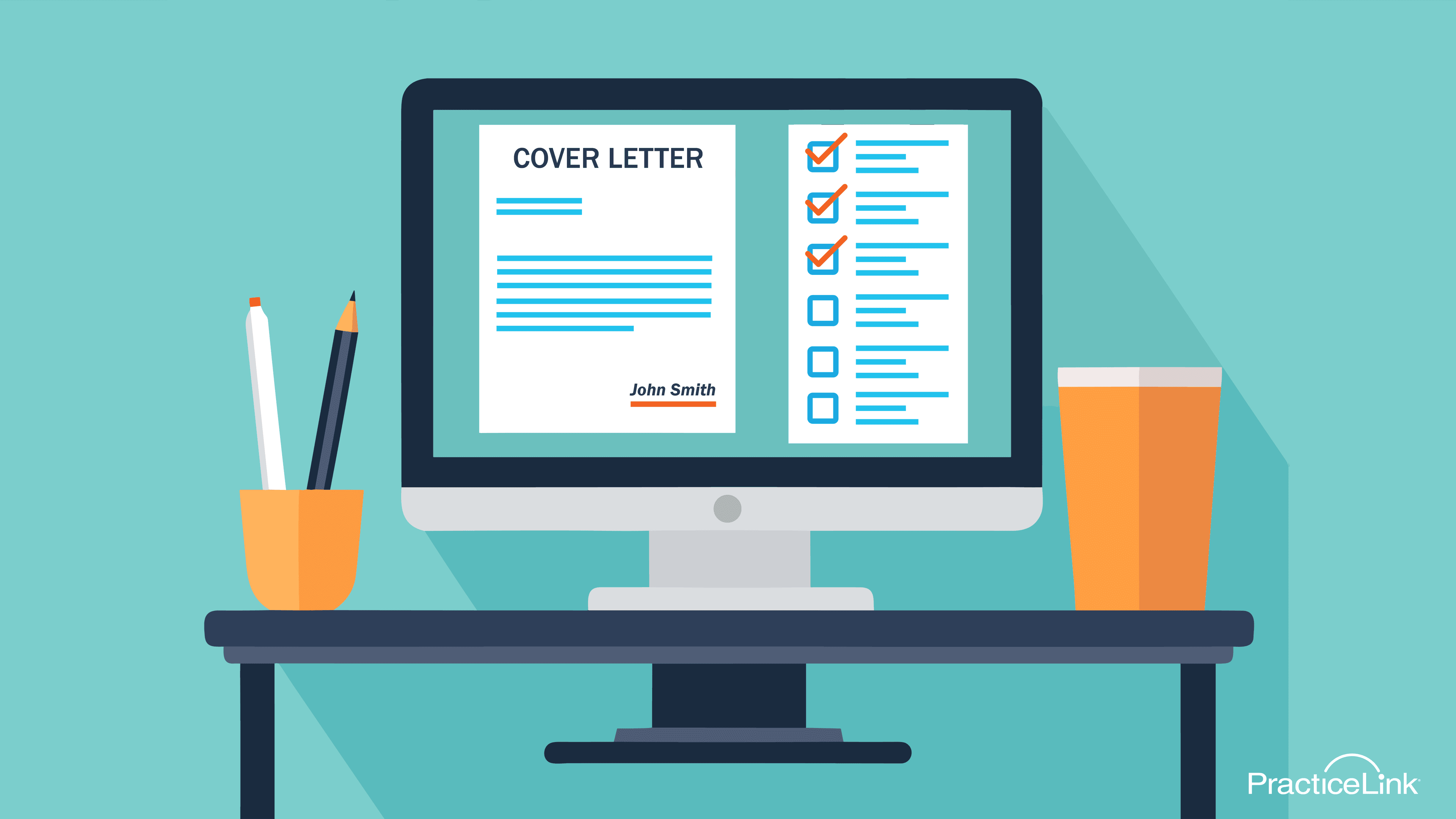 Physician cover letter and checklist on desktop computer on desk