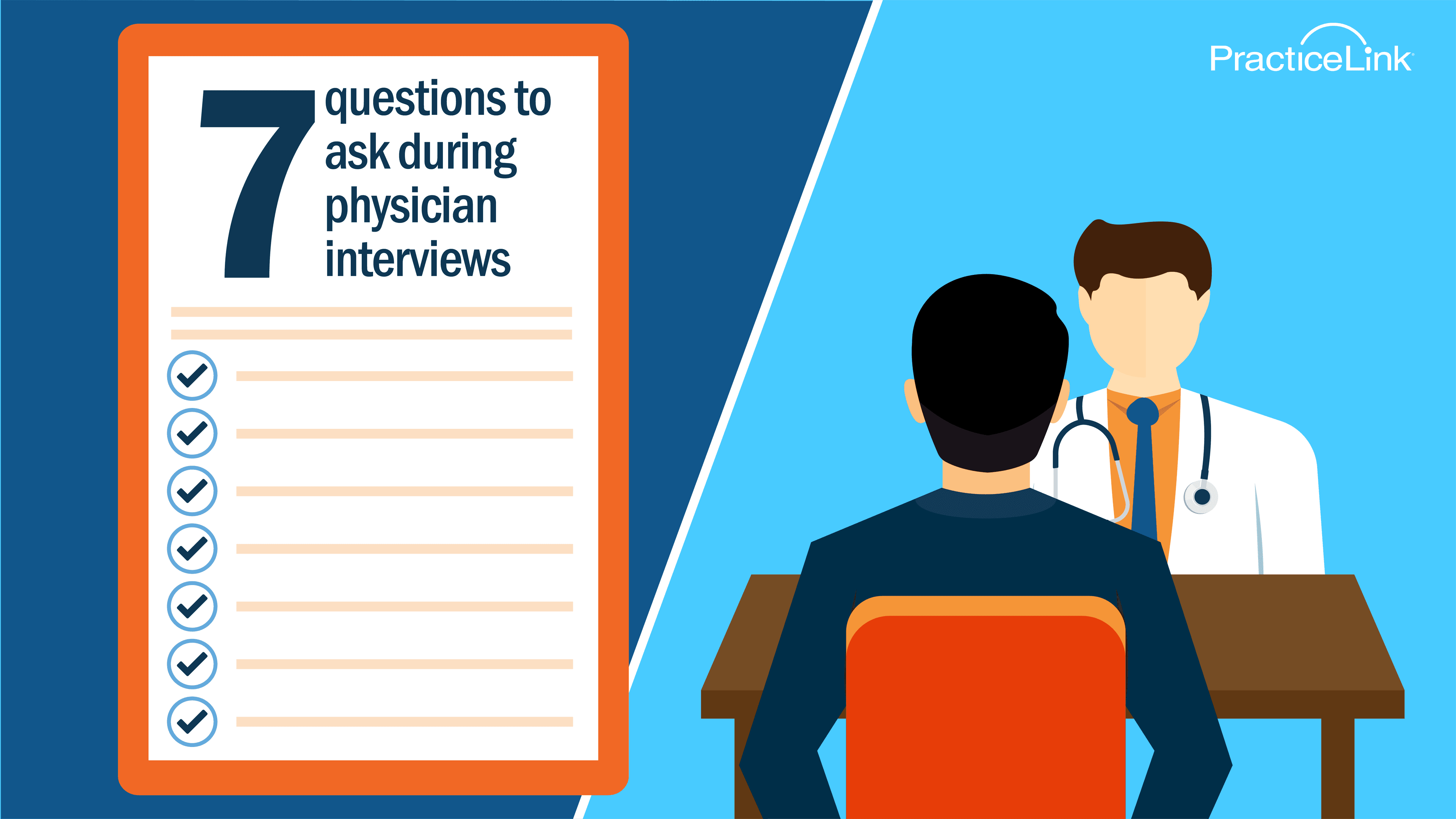 A checklist of questions to ask during a physician job interview with a physician interviewing with a recruiter at a table