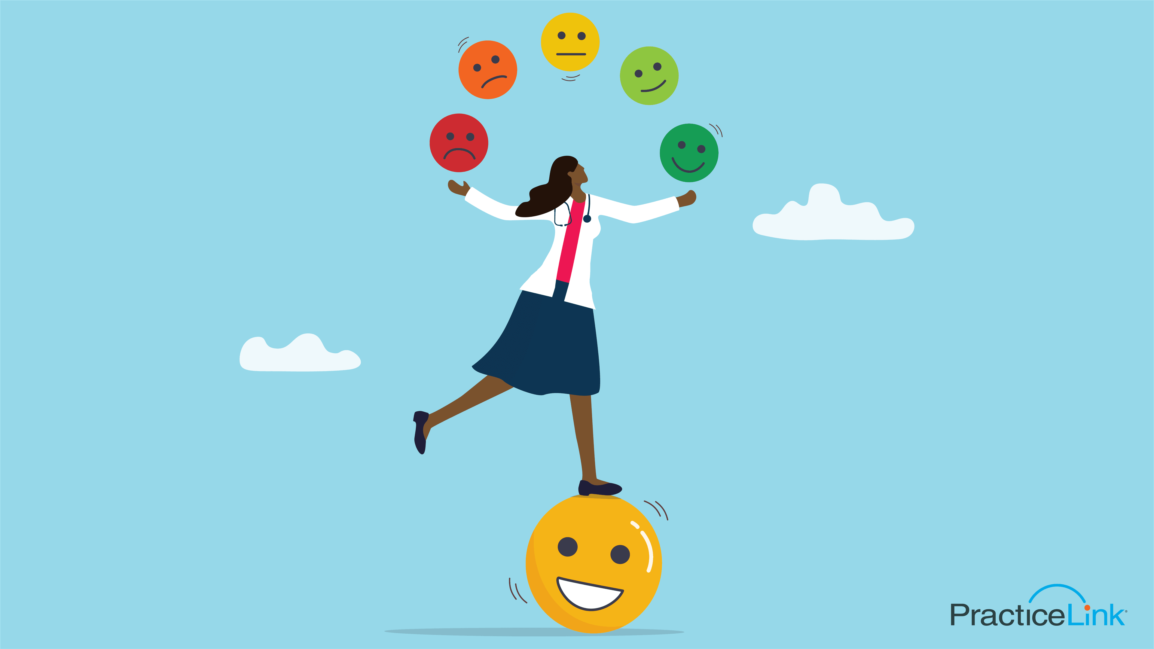 Physician juggling emoticons while balacing on a happy face