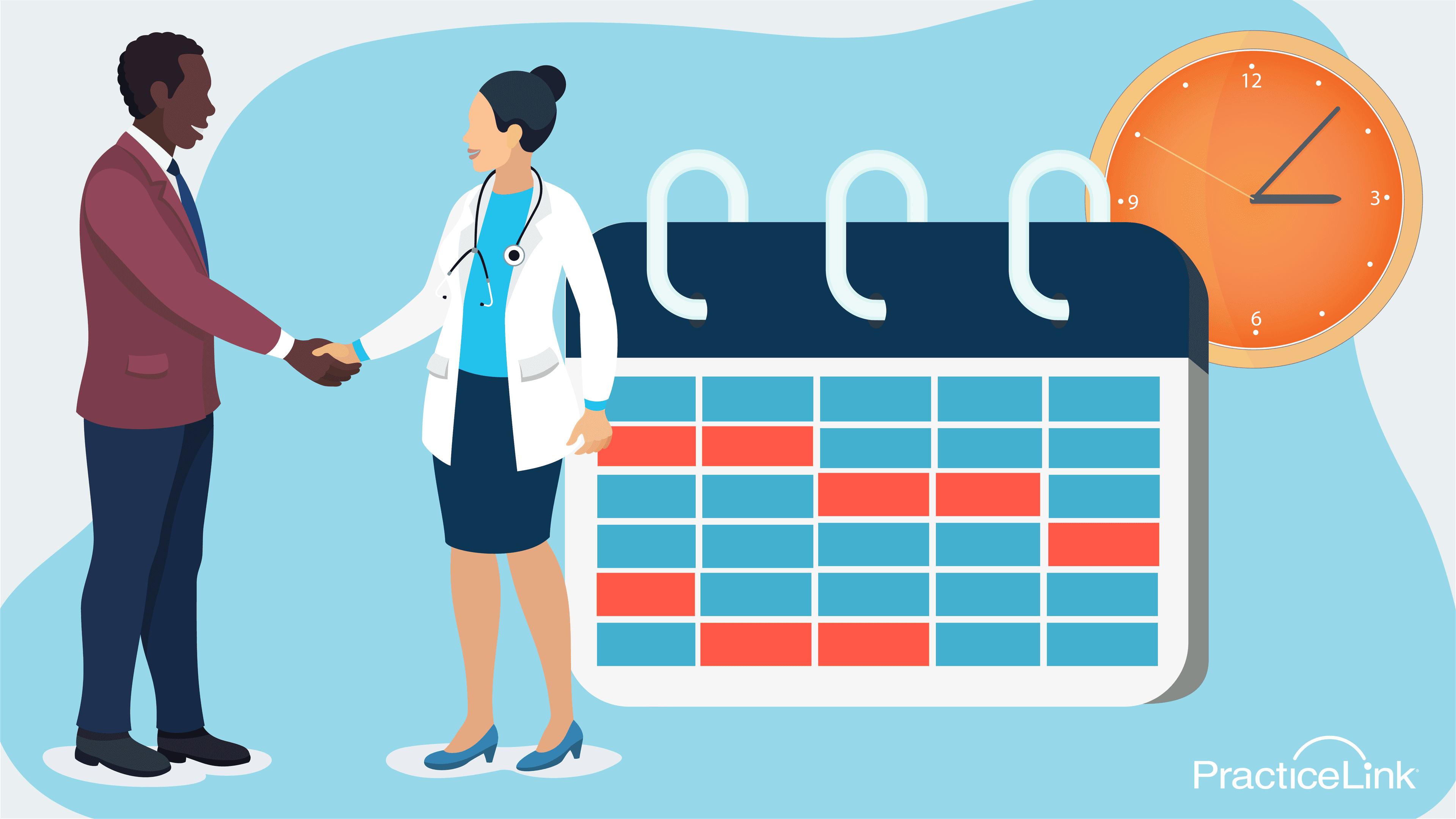 A physician shaking hands with a recruiter in front of a calendar and clock