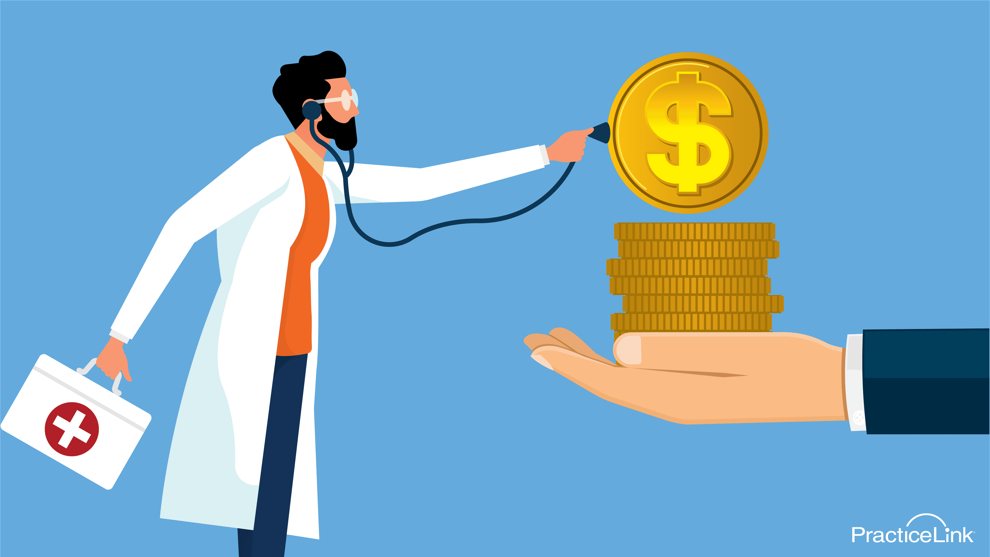 physician holding a stethoscope to money in the hand of a recruiter