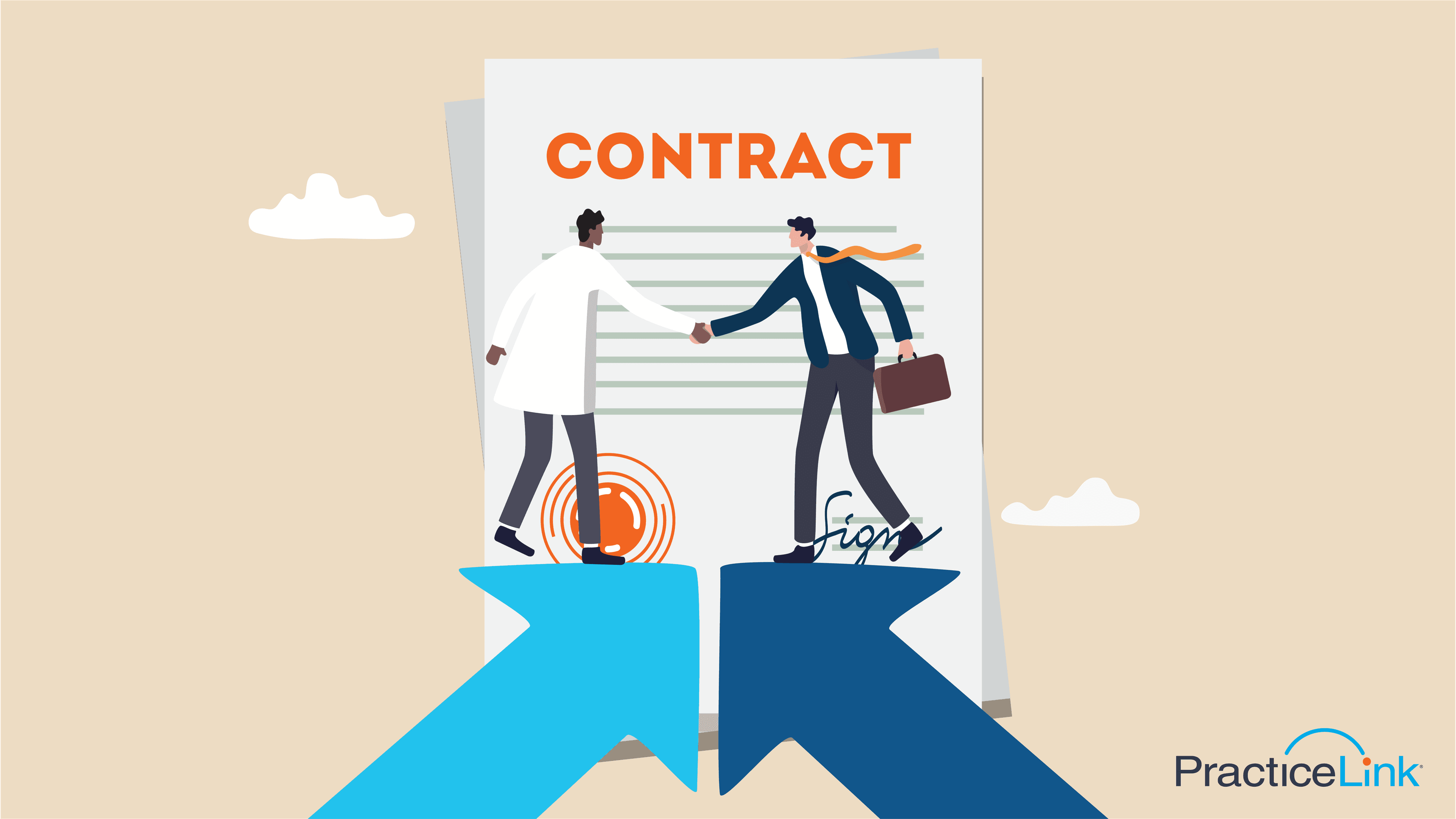 international medical graduate physician shaking hands with a physician recruiter in front of a contract