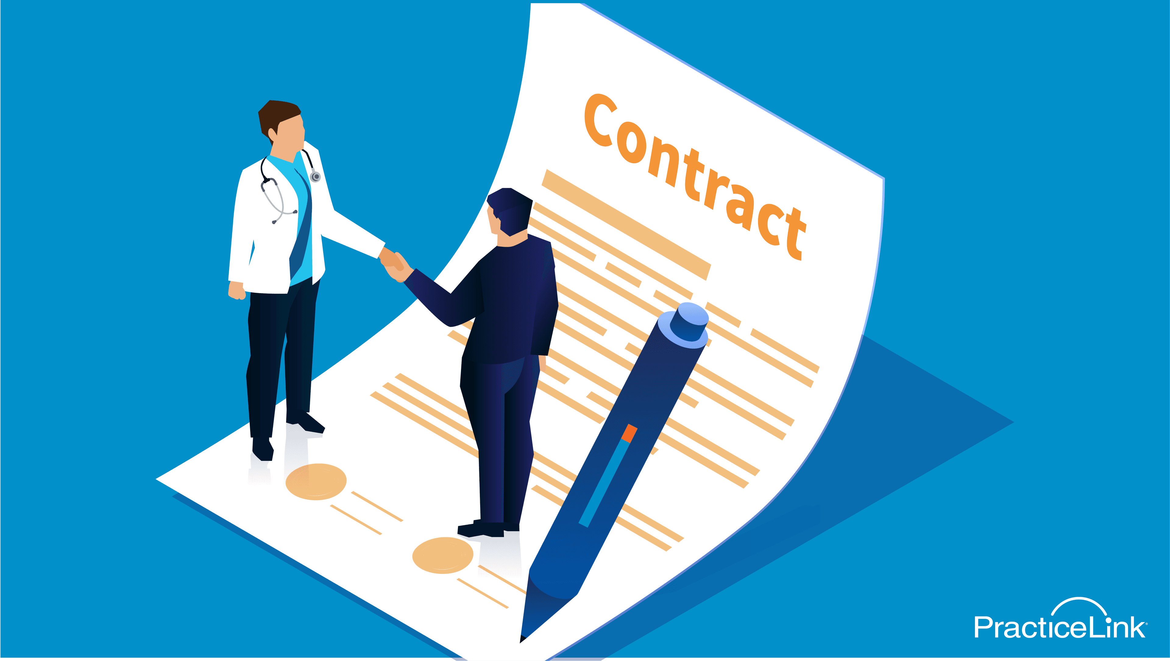 physician and recruiter shaking hands over a contract with a pen getting ready to sign