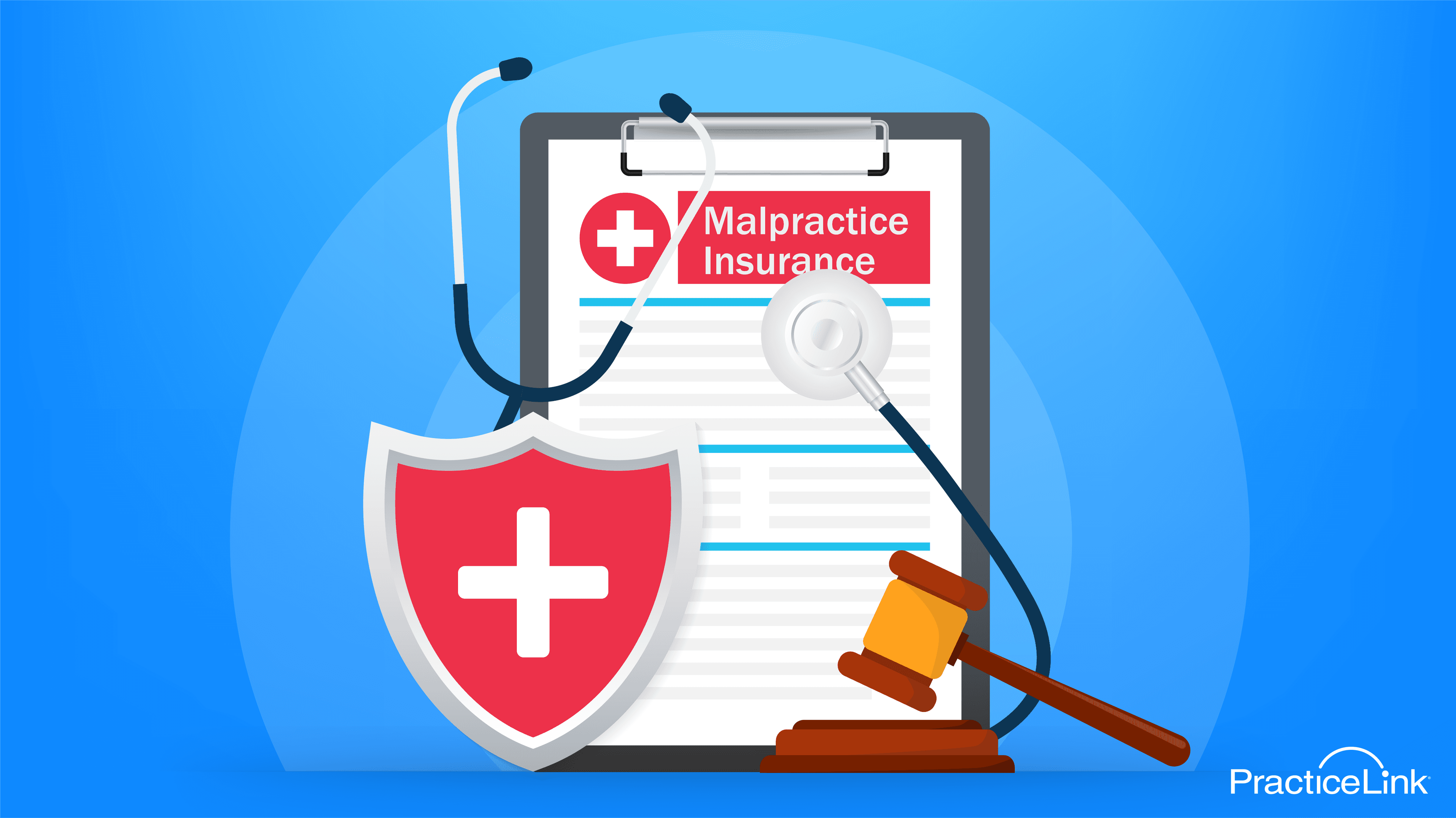 A clipboard with a malpractice insurance form behind a gavel and stethoscope