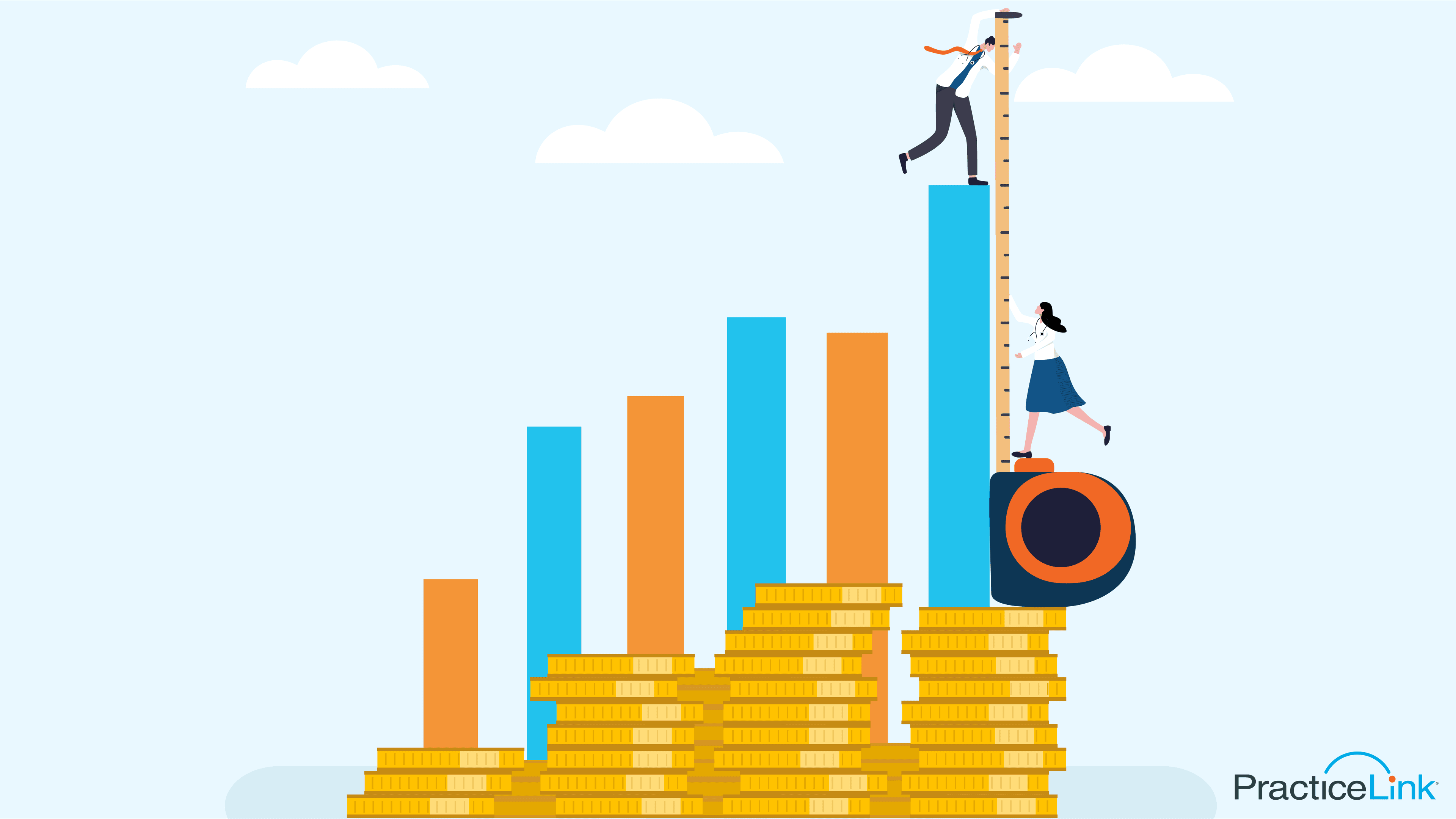 Tape measurer on top of money with two physicians