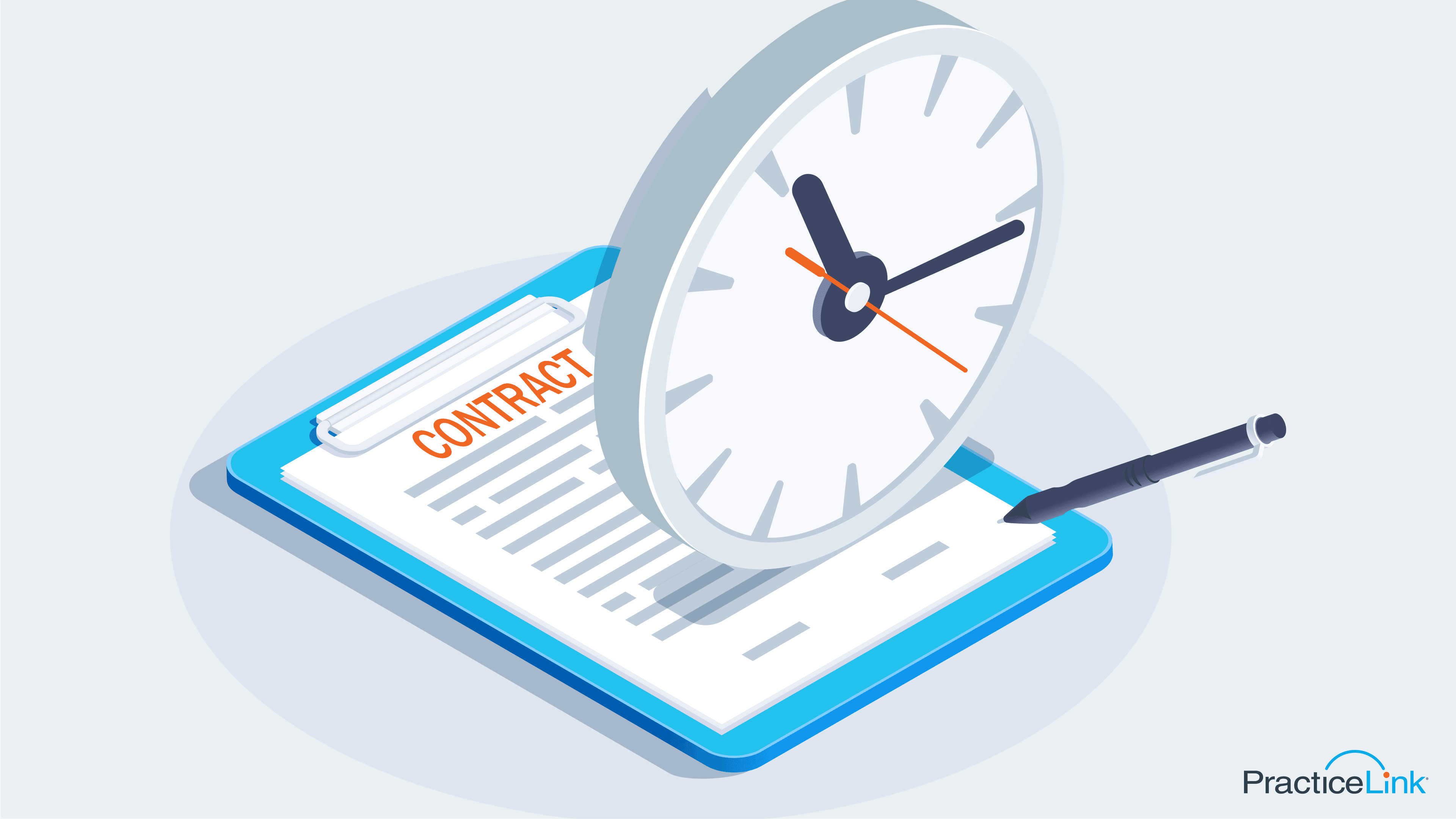 A clock on top of a contract to illustrate when and how to update a physician contract