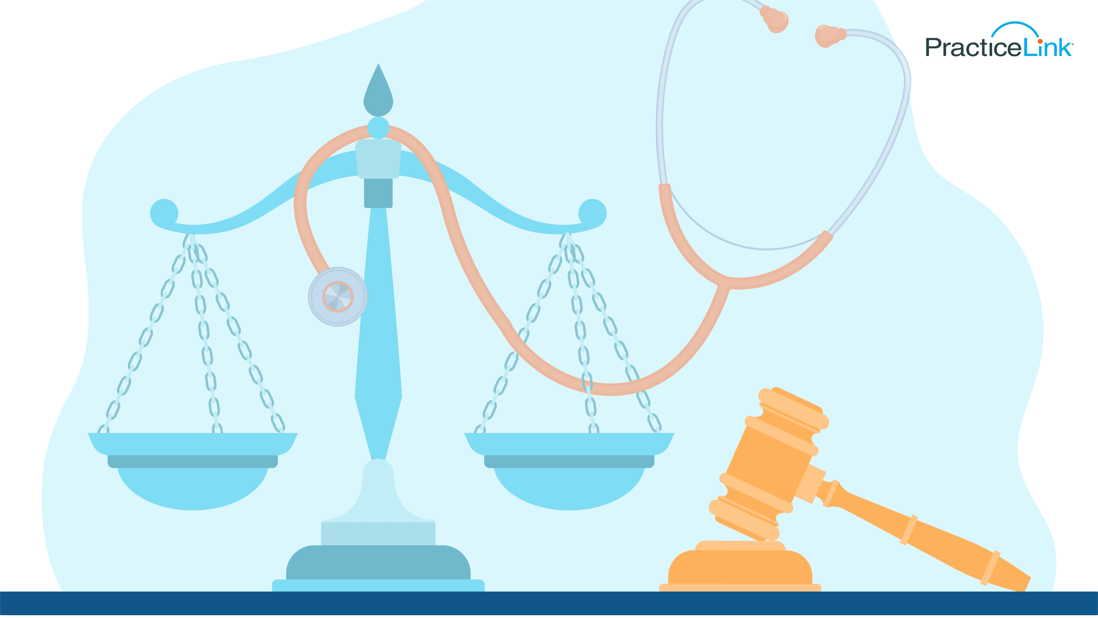 a stethoscope over scales of justice, next to a gavel