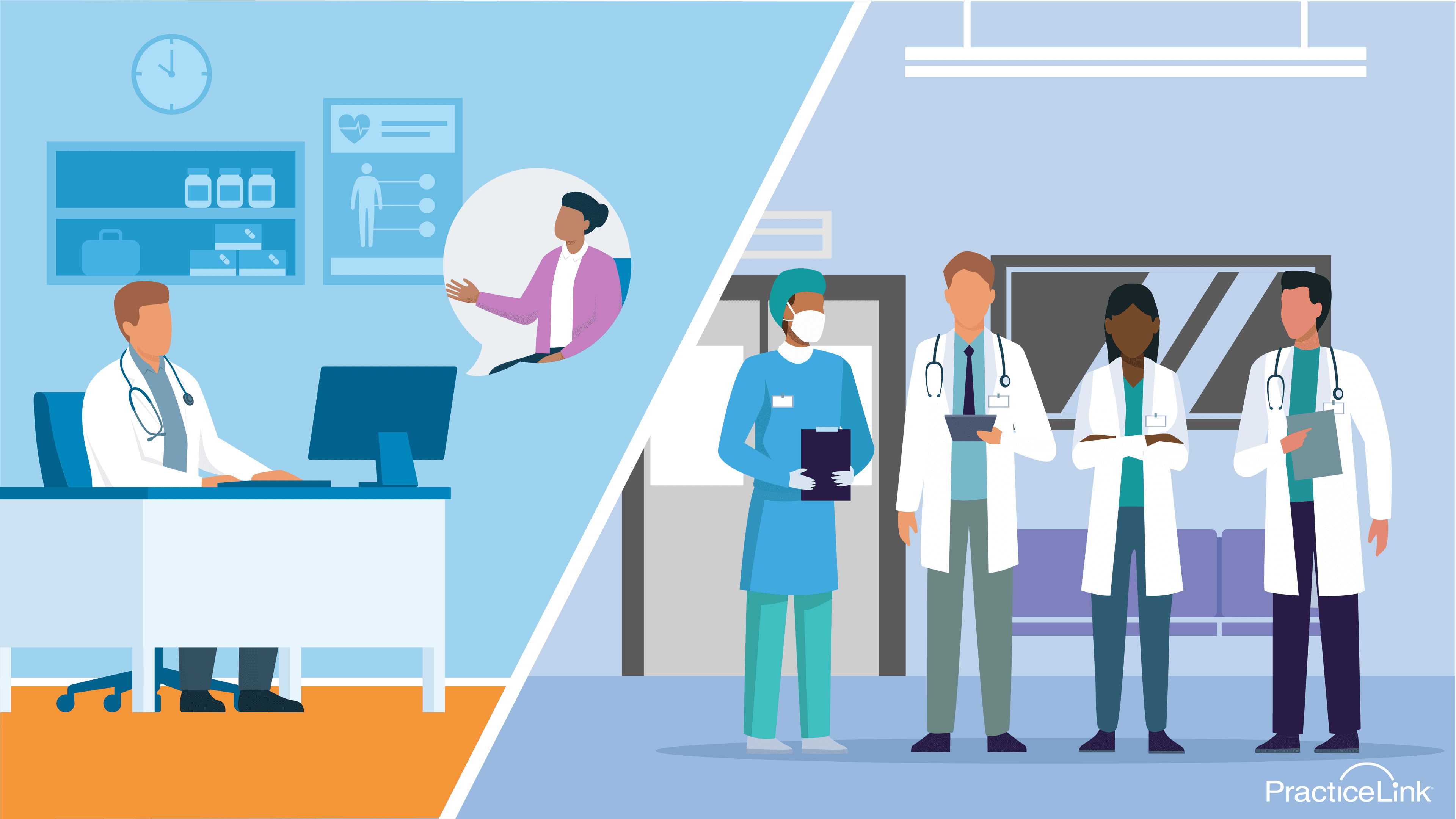 a split image with employment vs independent contracting for physicians with physicians on one side and a desk on the other