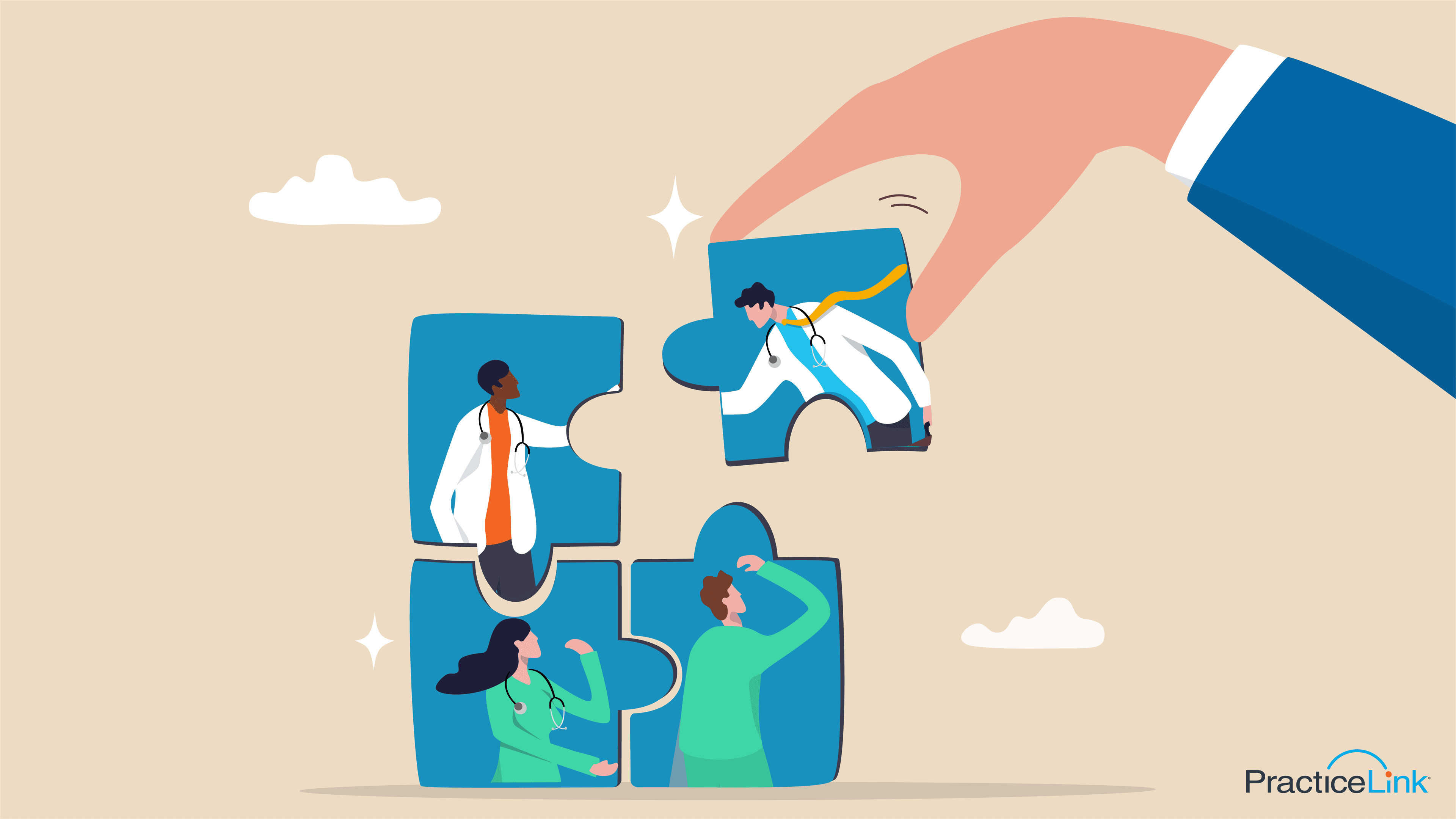 A puzzle showing different physicians integrating into a new physician practice