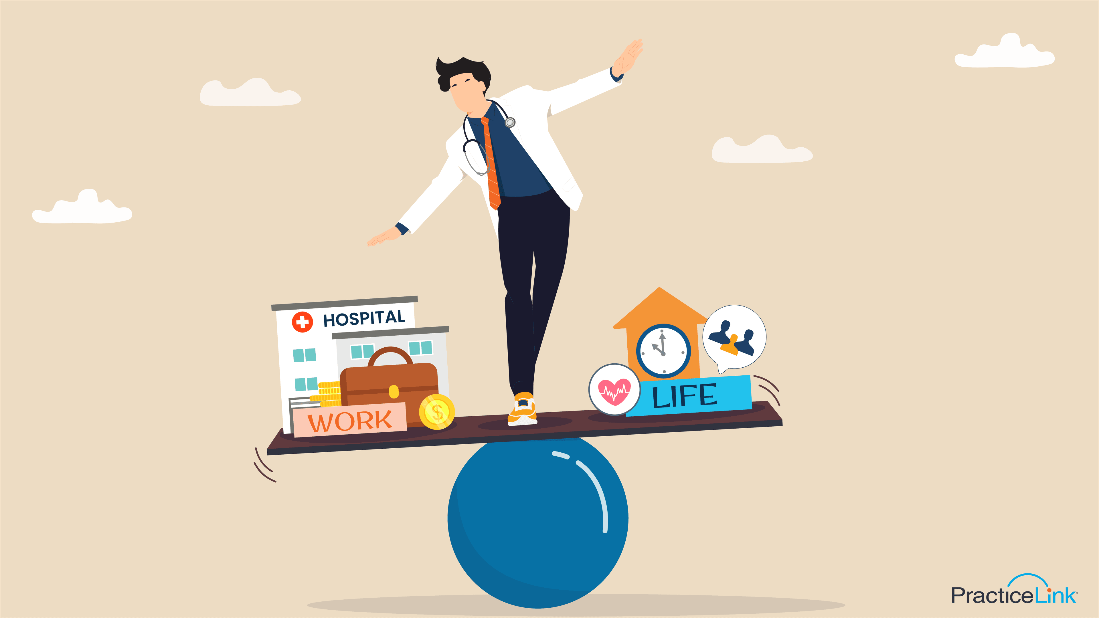 physician work-life balance, standing in the middle of a board on a ball between work and life