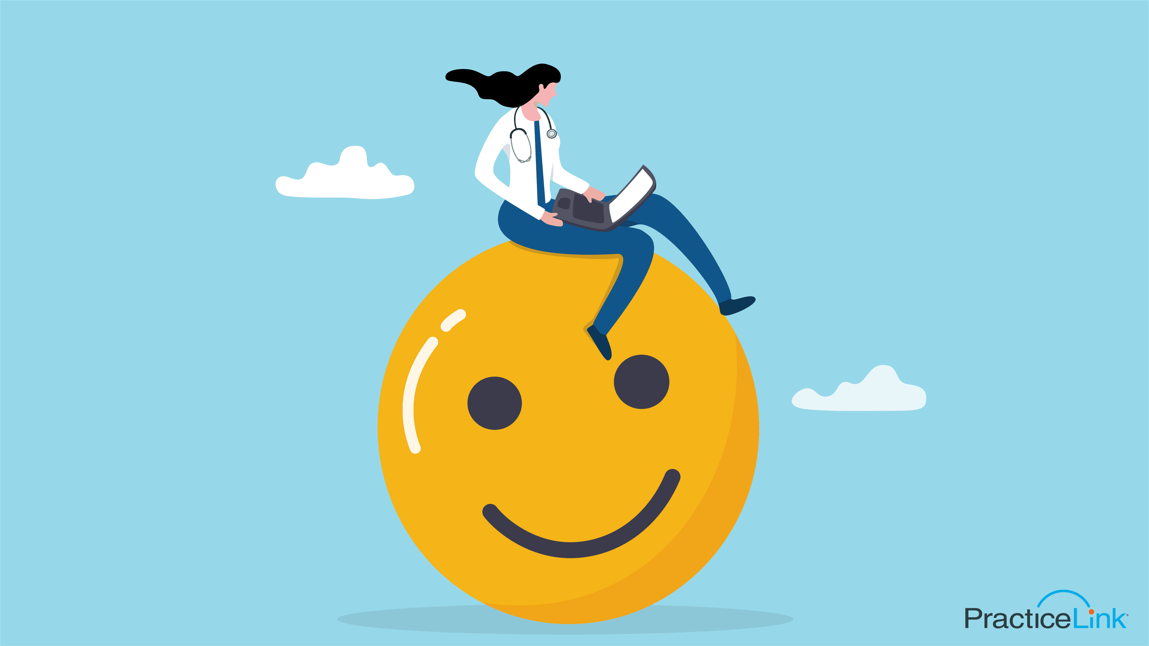 a physician on top of a smiley face remaining engaged and satisfied in physician practice