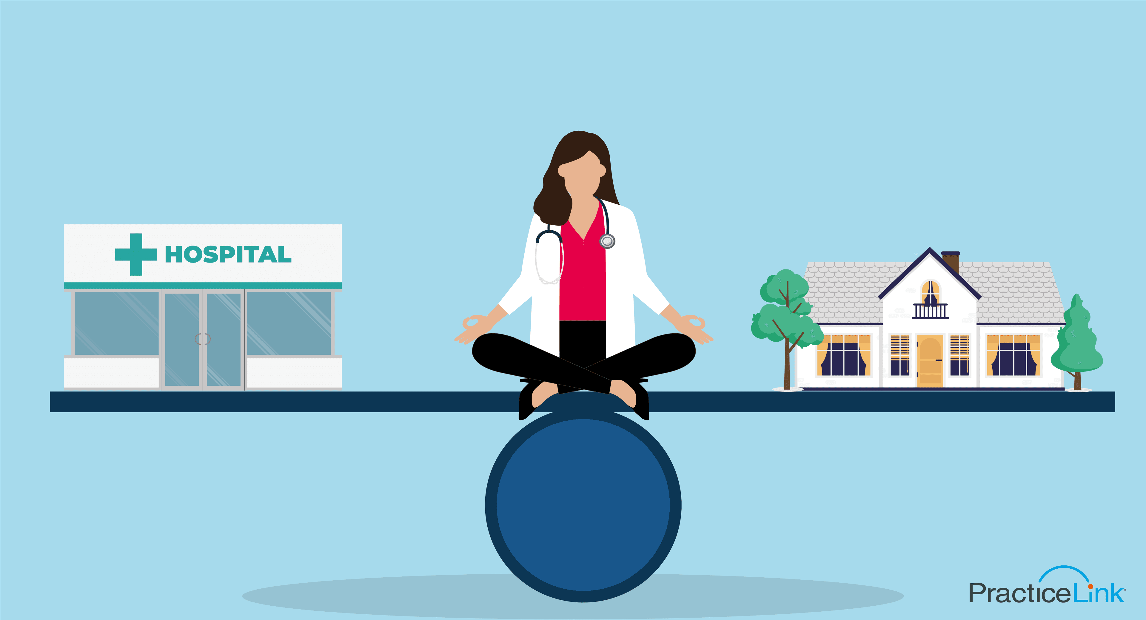 a physician balancing between a house and a hospital showing healthy work-life balance as a physician