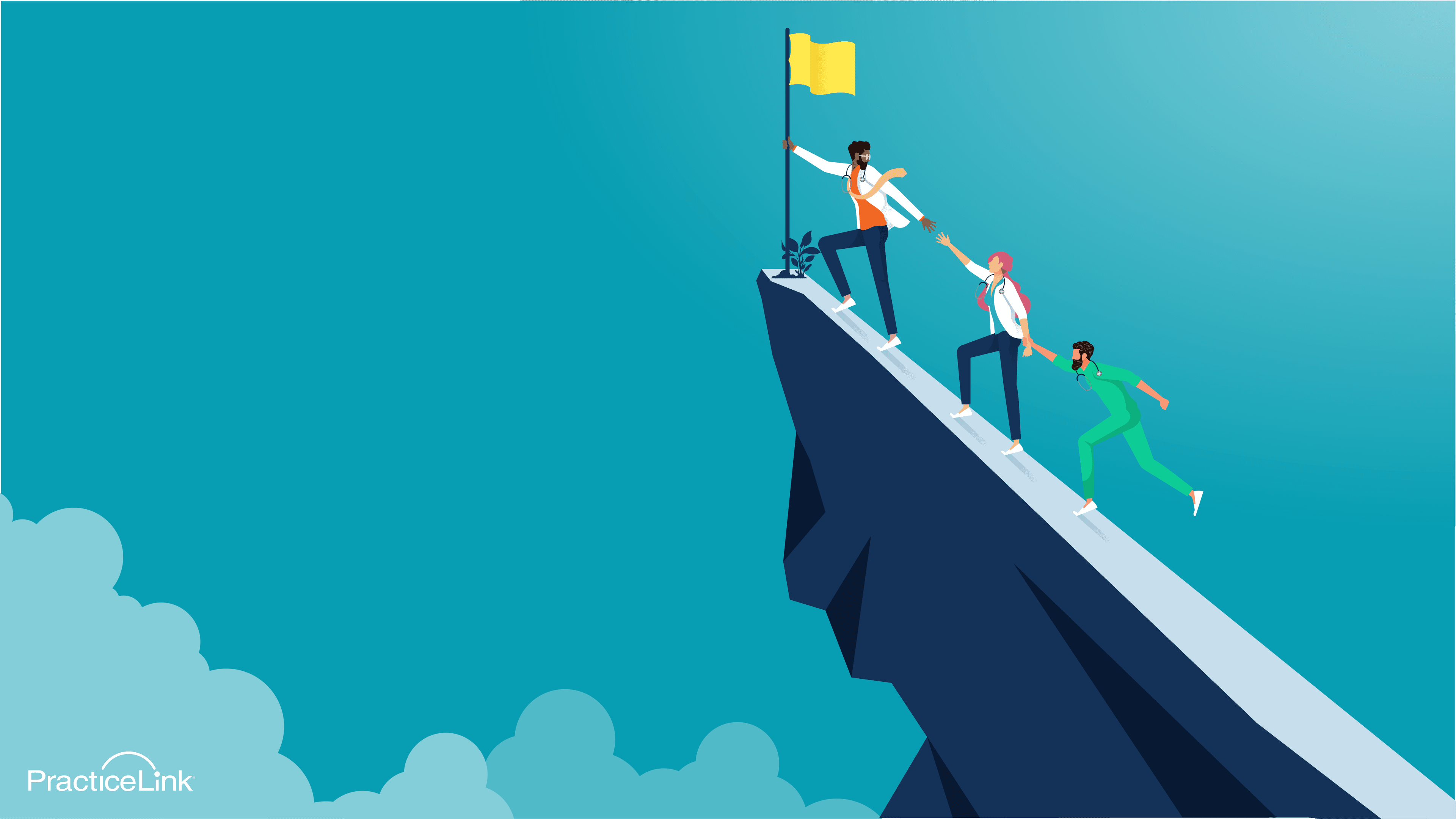 Physicians climbing a mountain, becoming a physician leader