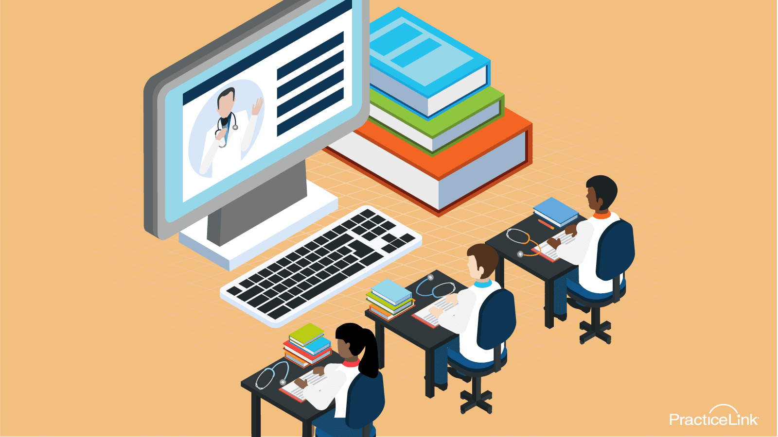 physicians at desks in front of a computer getting ongoing training for physicians