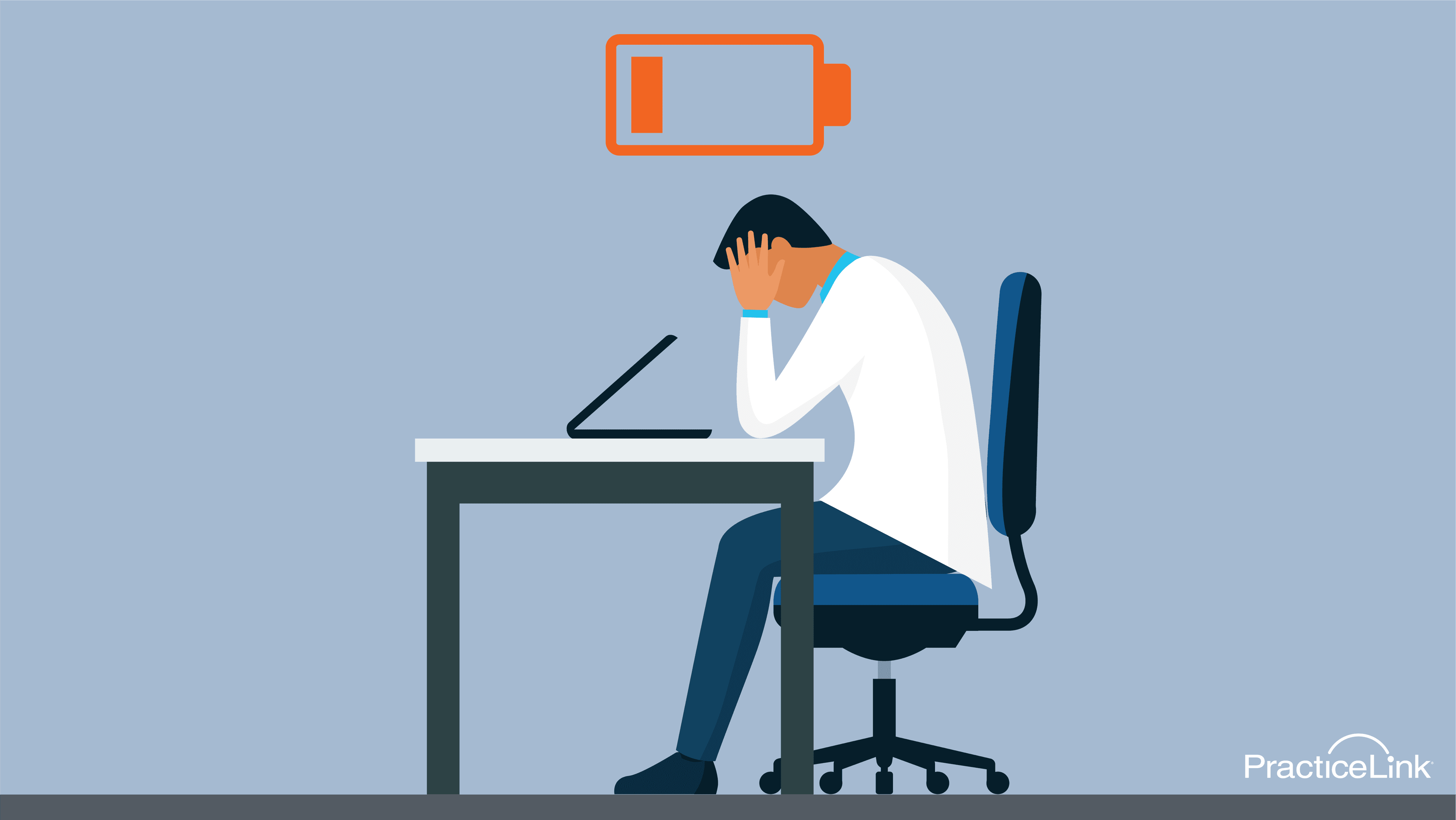 physician at a desk with a draining battery above their head and signs of physician burnout