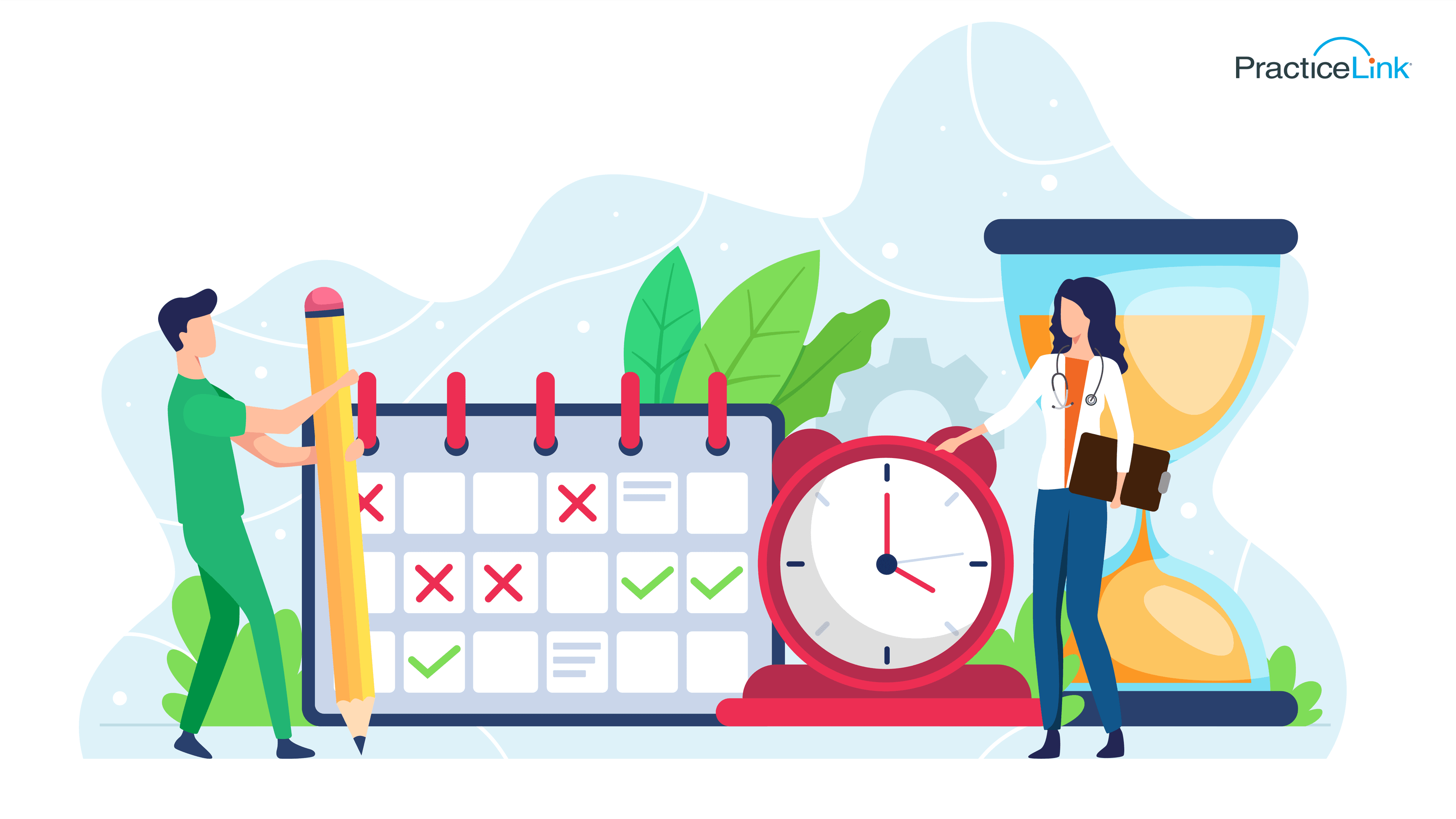 physicians by a clock, calendar and hourglass showing flexible schedules for physicians
