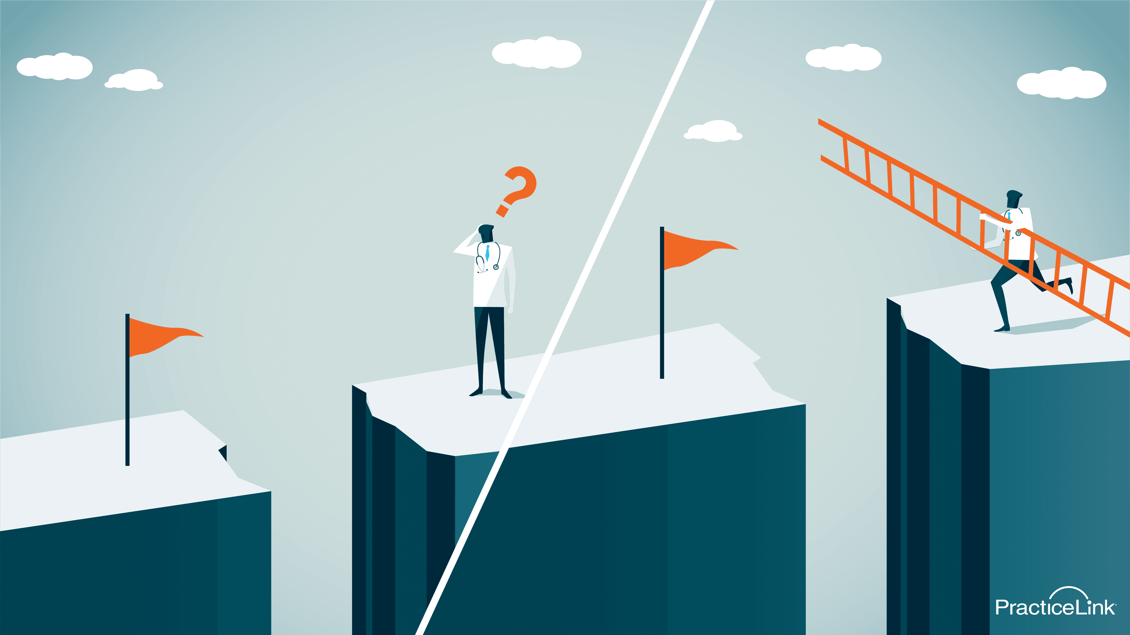 physician standing at the top of a mountain with a question mark working on overcoming onboarding challenges as a physician