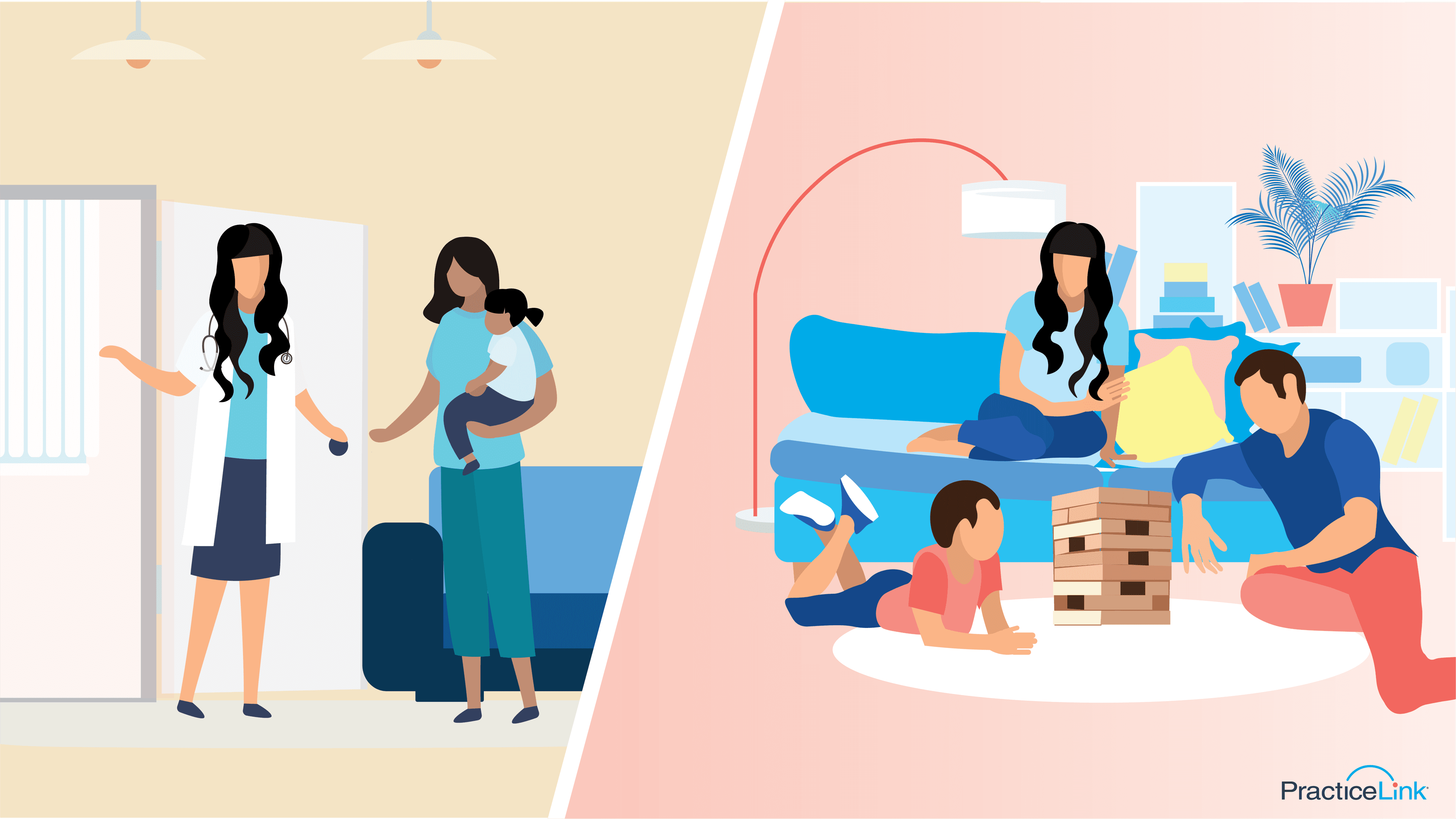 a split image with a pediatrician on one side and the same physician home making time for family as a physician