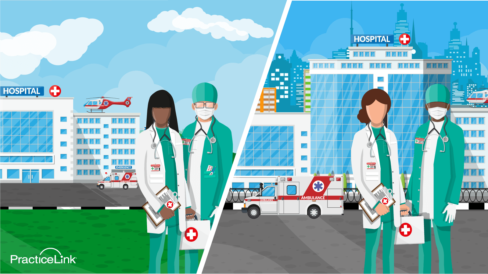 Physicians practicing in a city or rural setting with a city on one side and a more rural area on the other