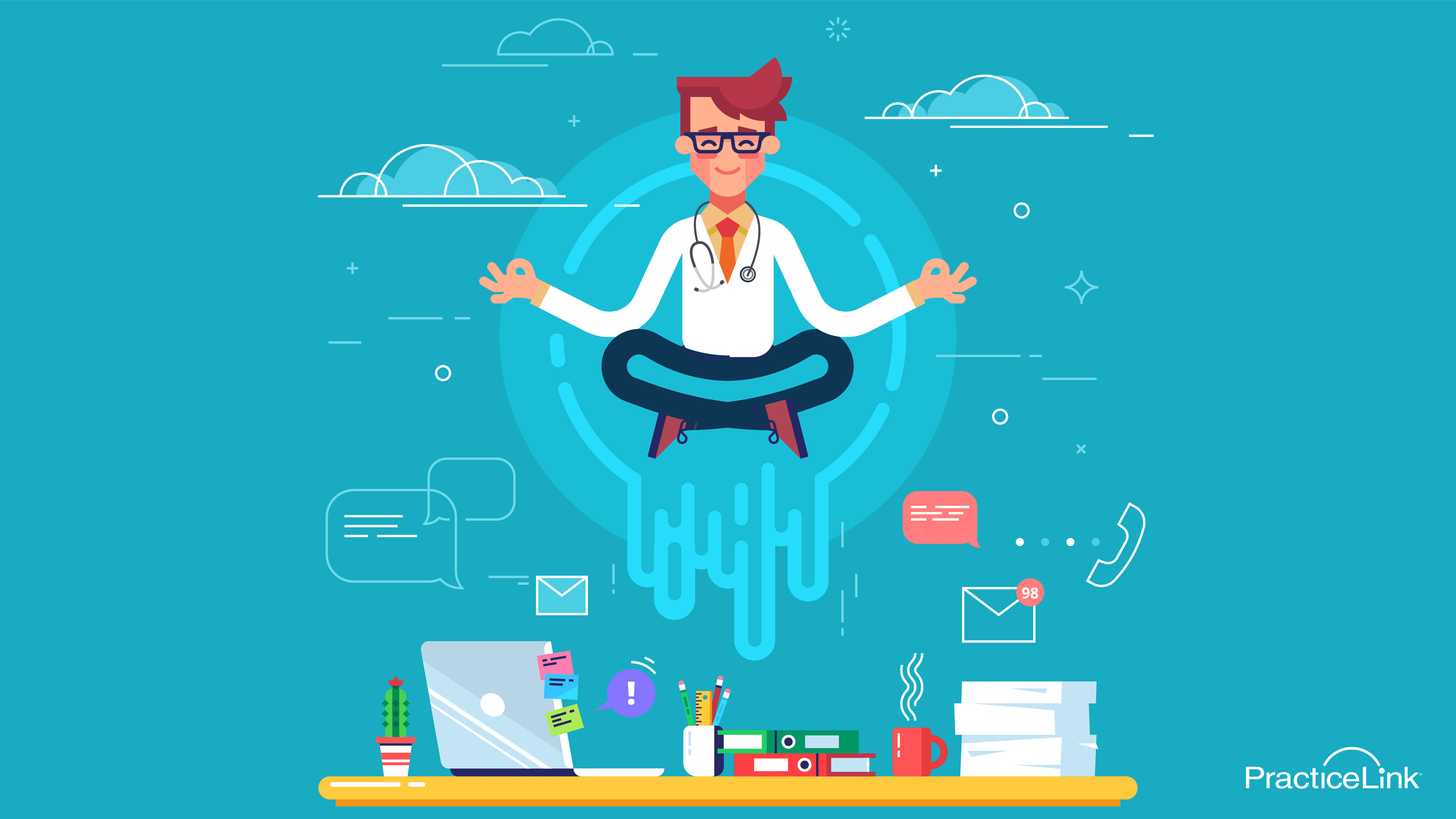 physician meditating over their desk, practicing wellness as a physician