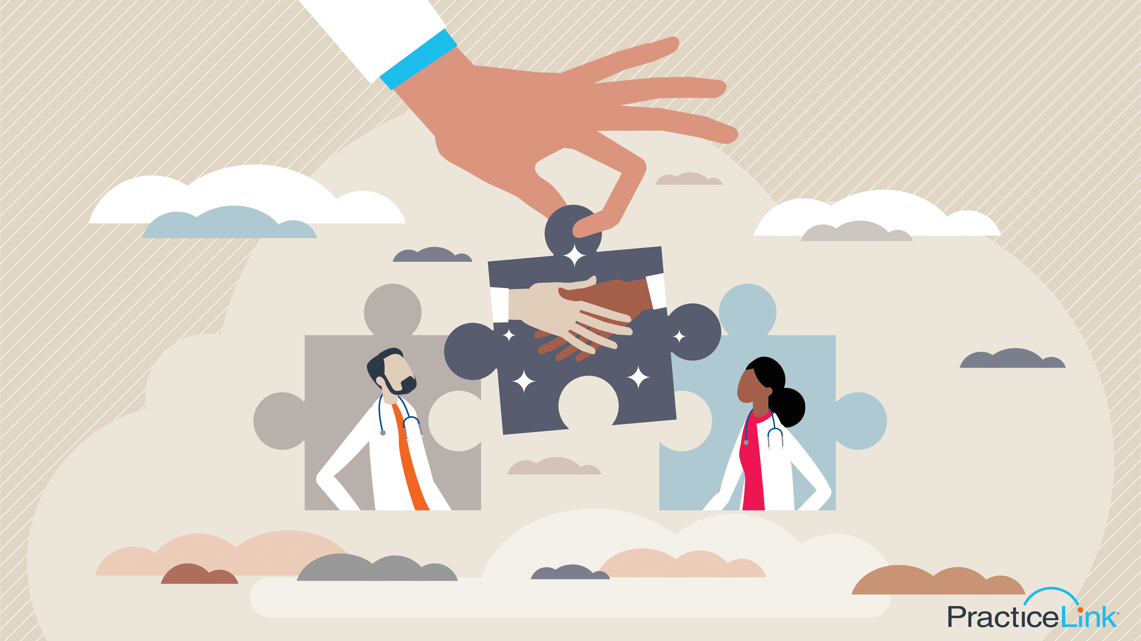 Two physicians on separate puzzle pieces and one with an image of shaking hands being placed in the middle