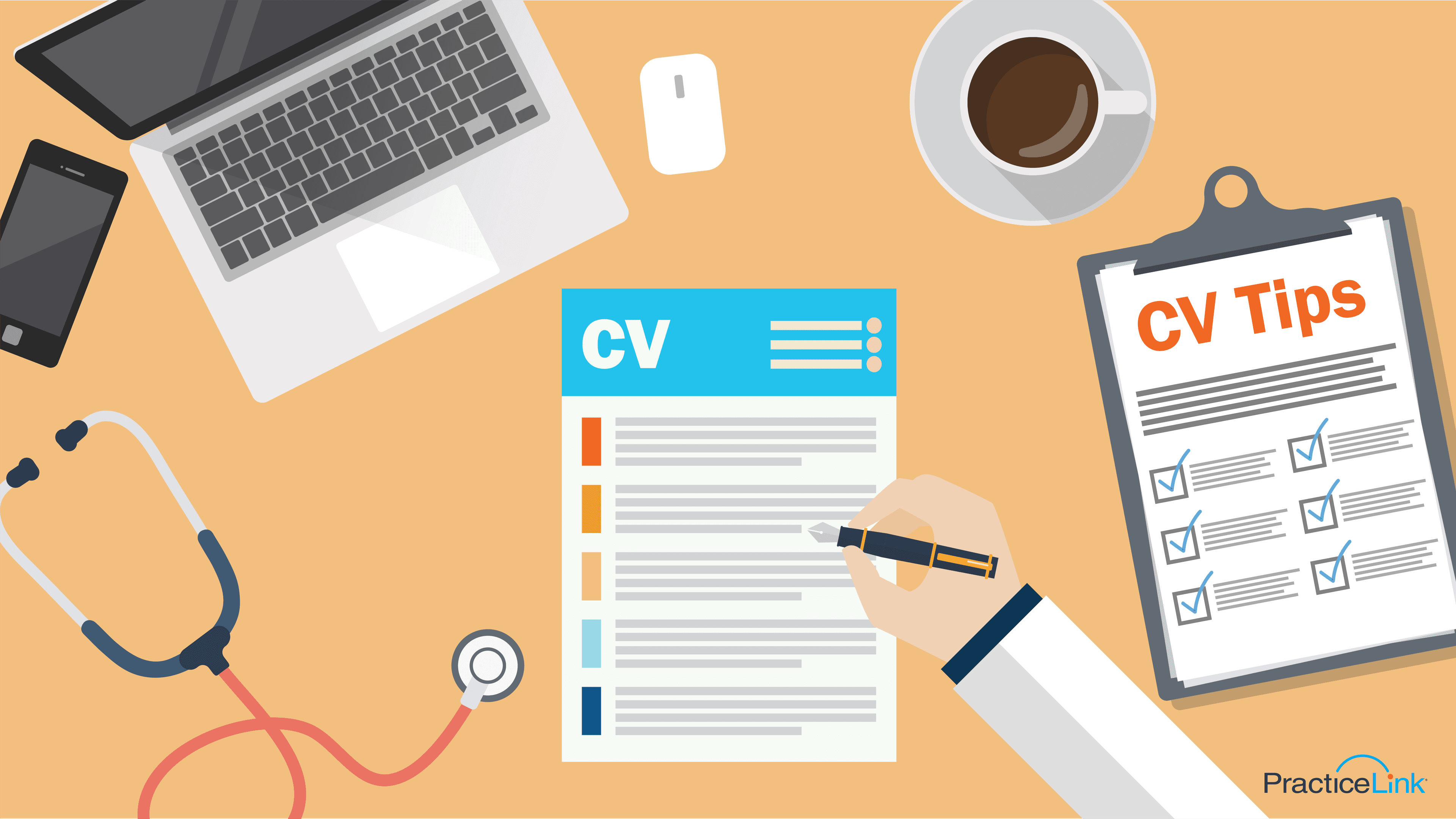 A medical CV on a desk with a laptop and cup of coffee