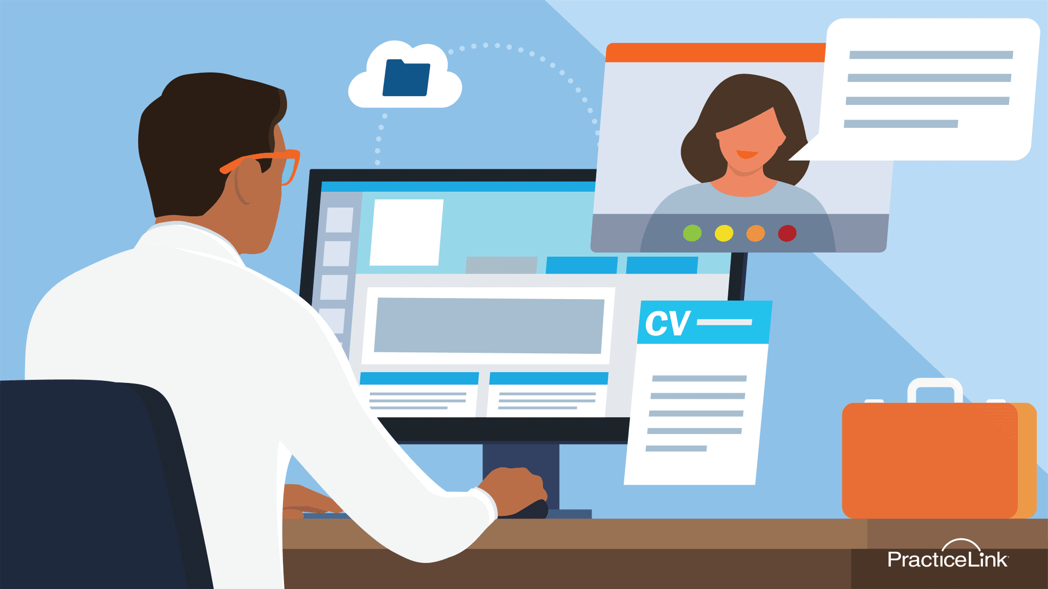 physician looking at a computer with recruiter on camera and a CV