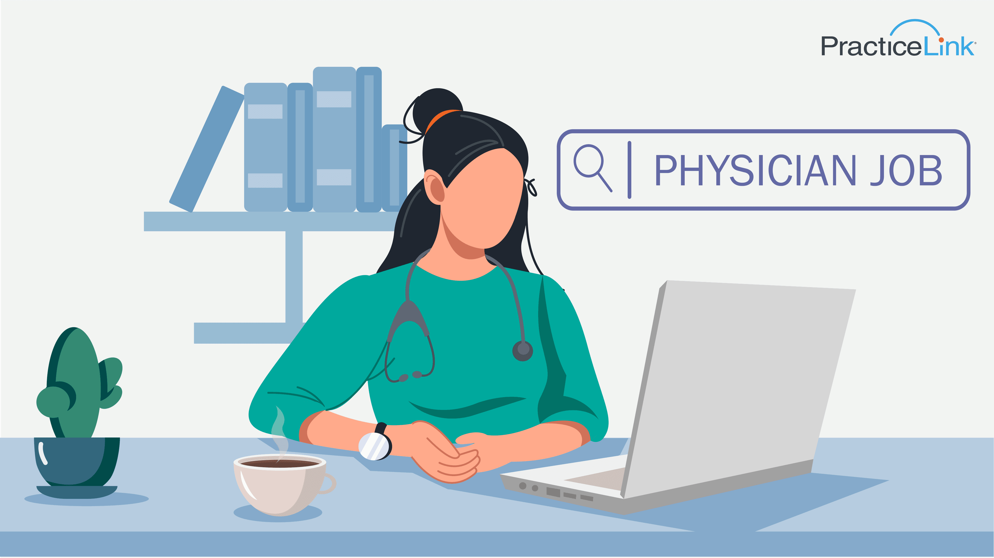 physician in front of a computer with coffee searching for a physician job