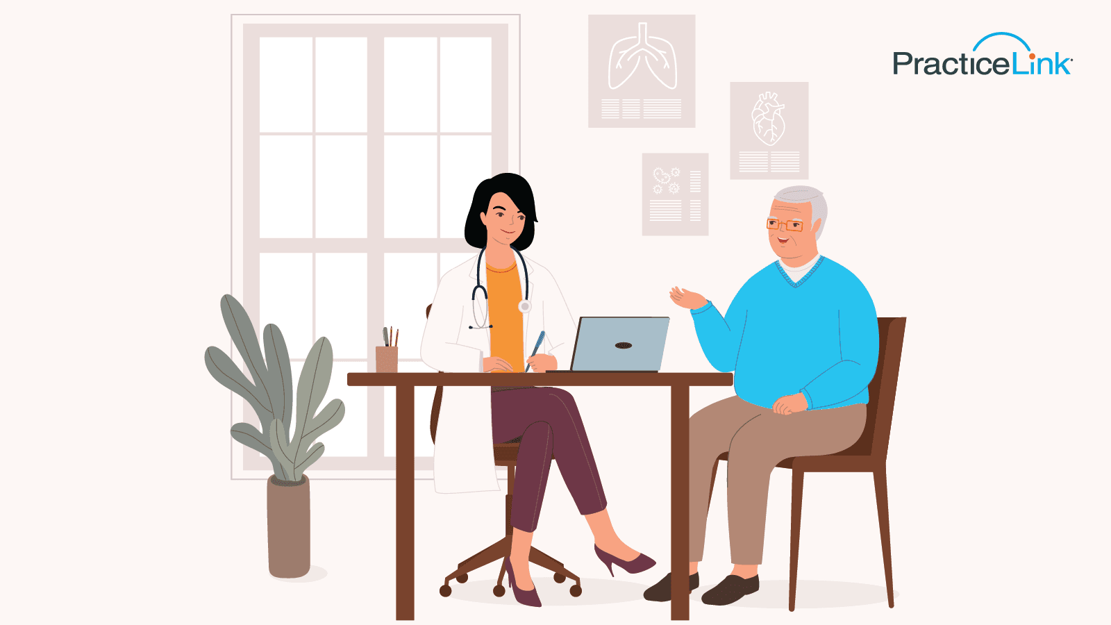 Animated image of physician communicating with patients with patience.