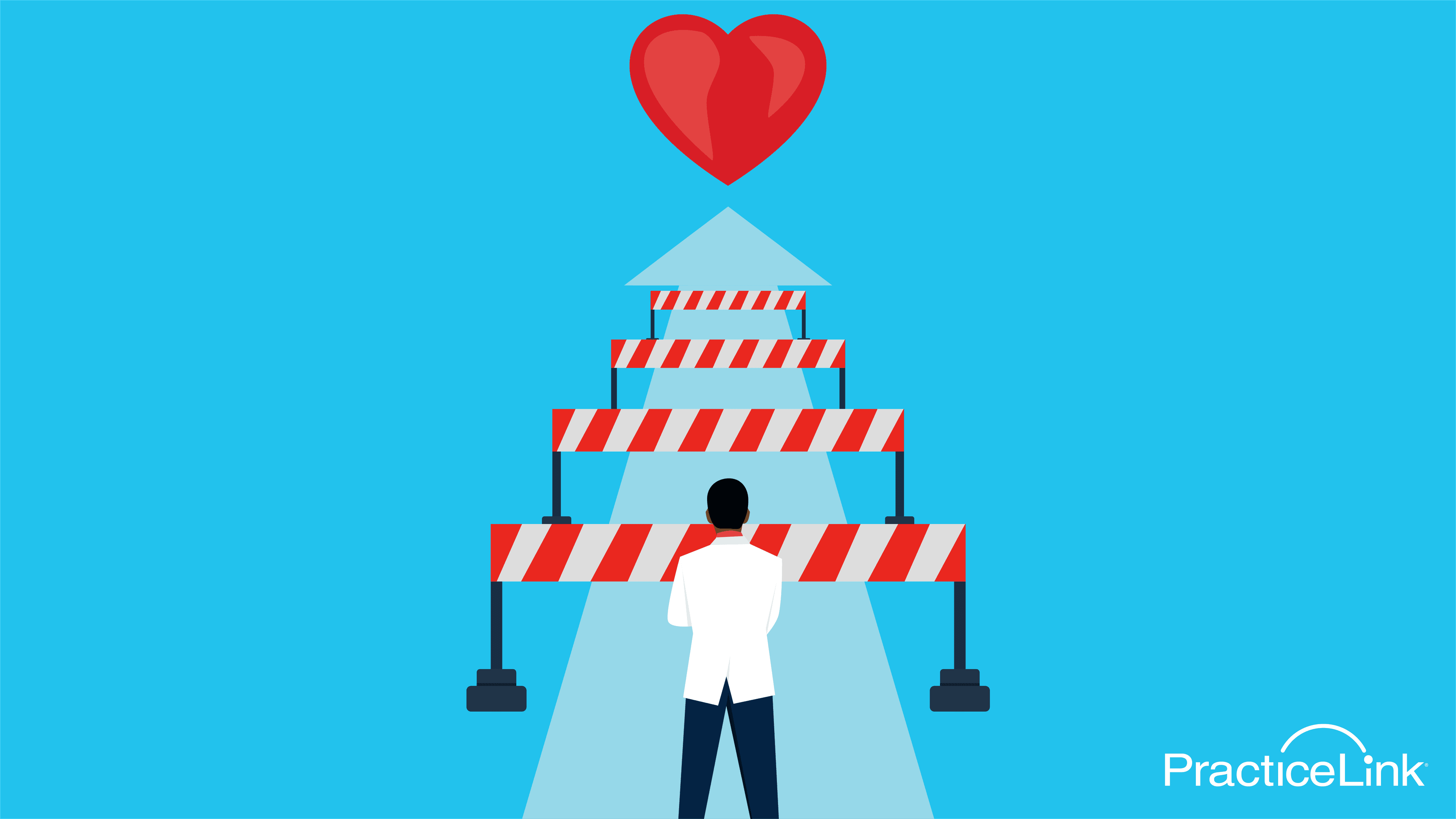 Animated image of doctor in front of roadblocks leading to a heart referencing the question: do doctors have a hard time dating?
