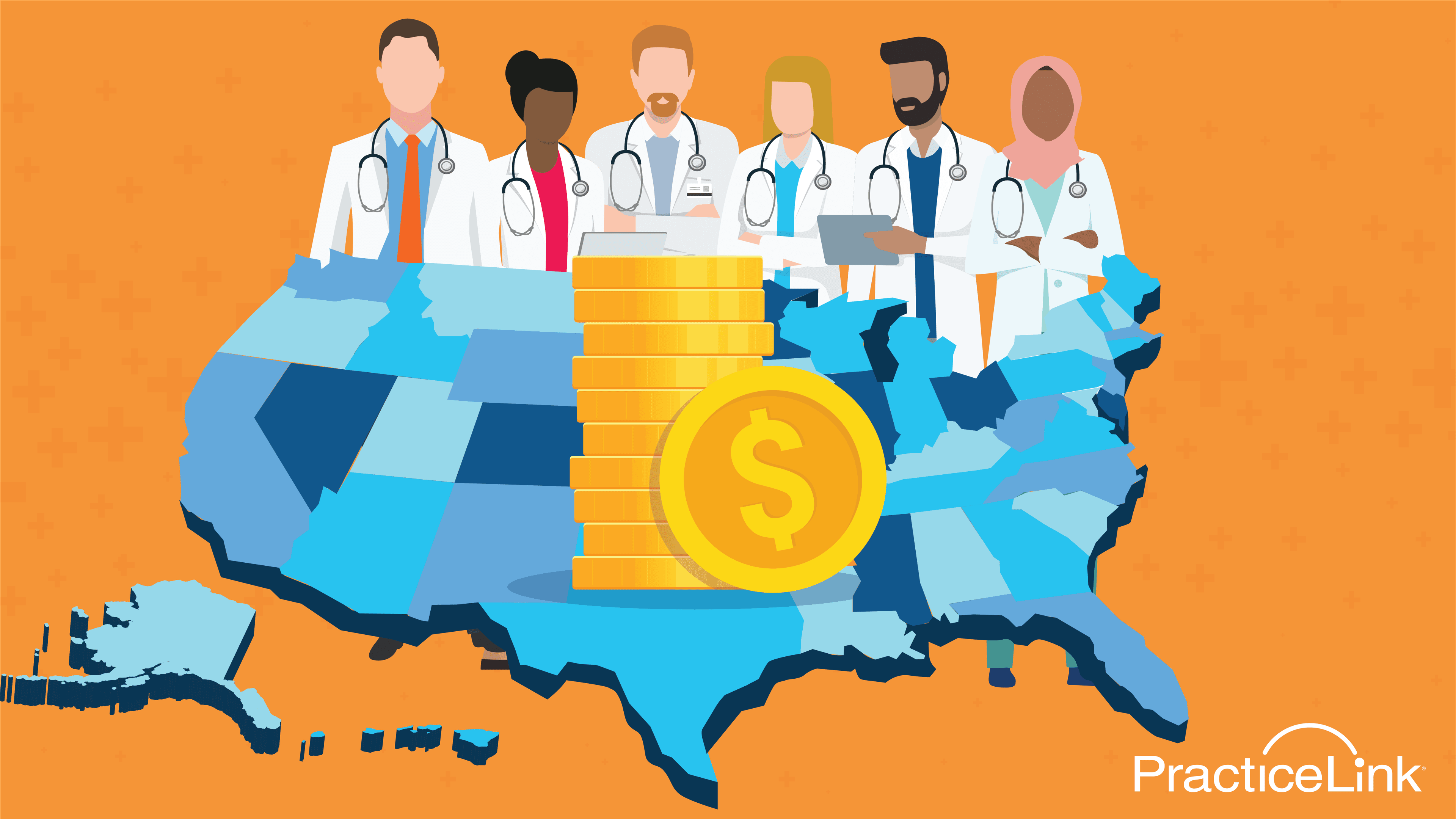 Animated image of physicians and American map and coins.
