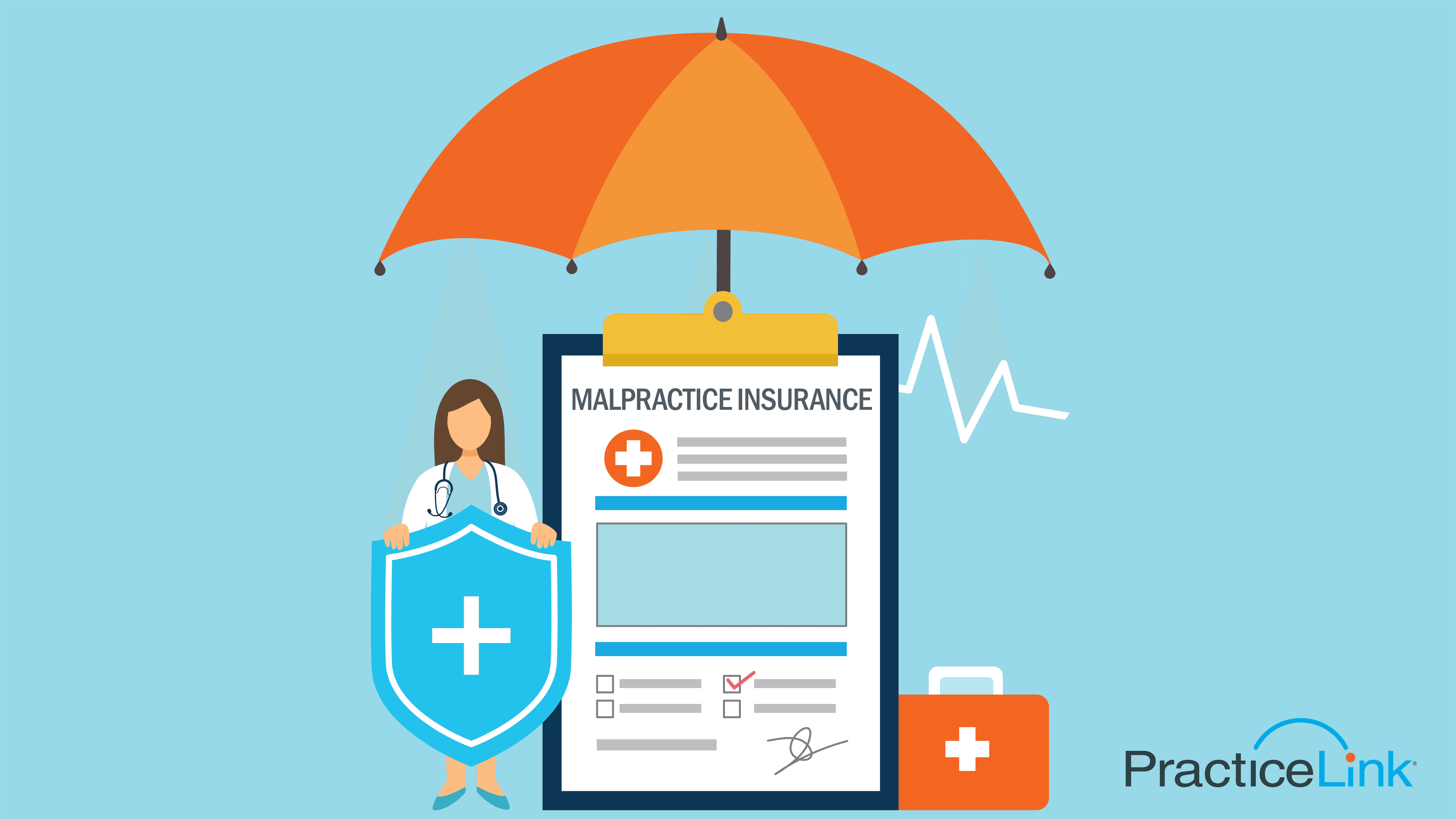 Animated image of physician and clipboard that reads malpractice insurance.