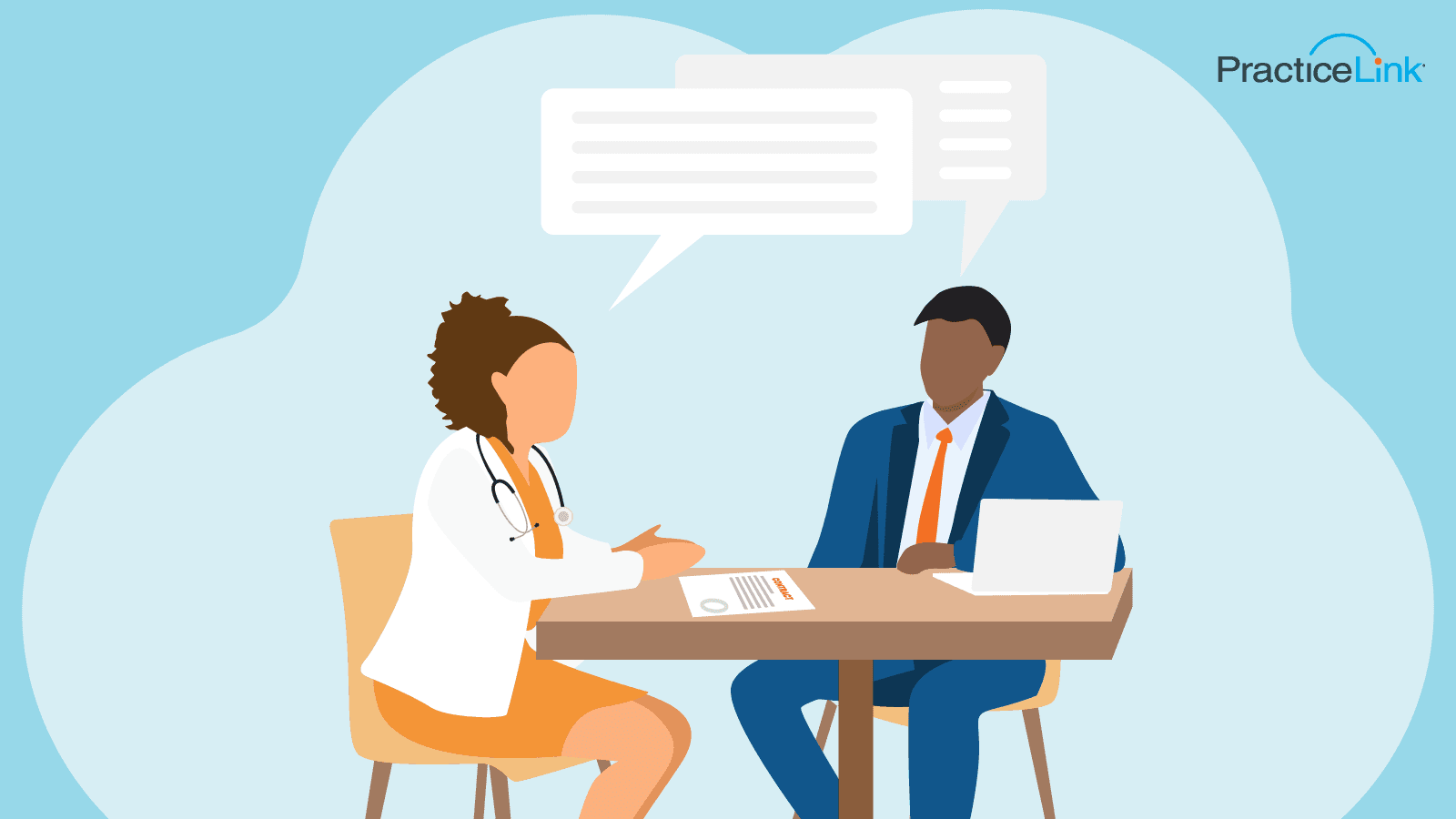 Animated image of a physician negotiating a contract.