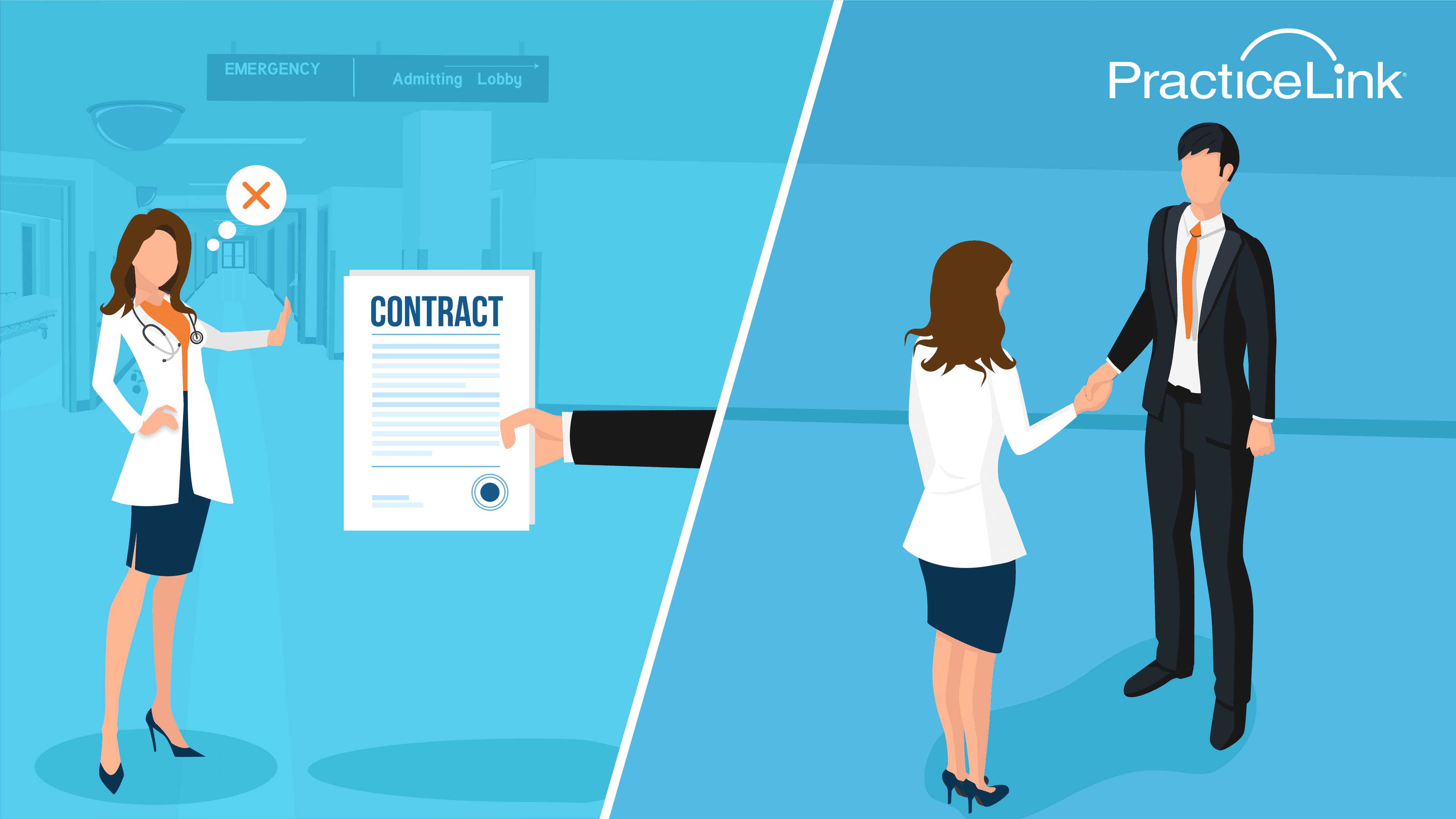 Animated image of doctors with contract concerns and declining a contract.