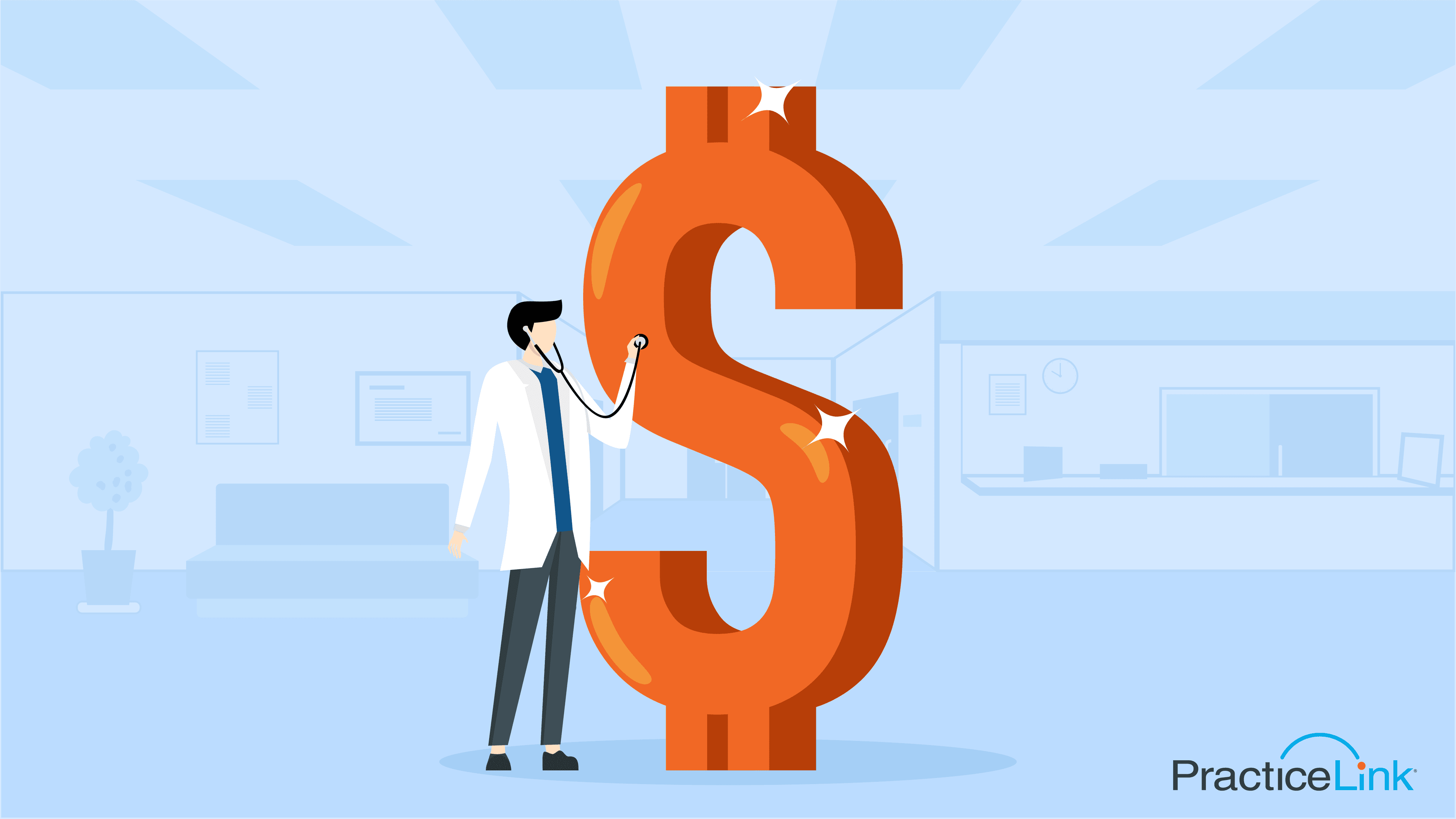 Animated image of physician referencing physician compensation.
