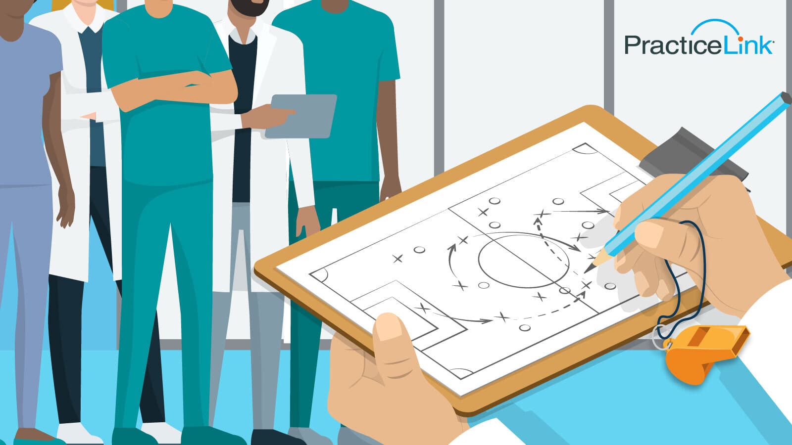 Animated image with physician holding clipboard.