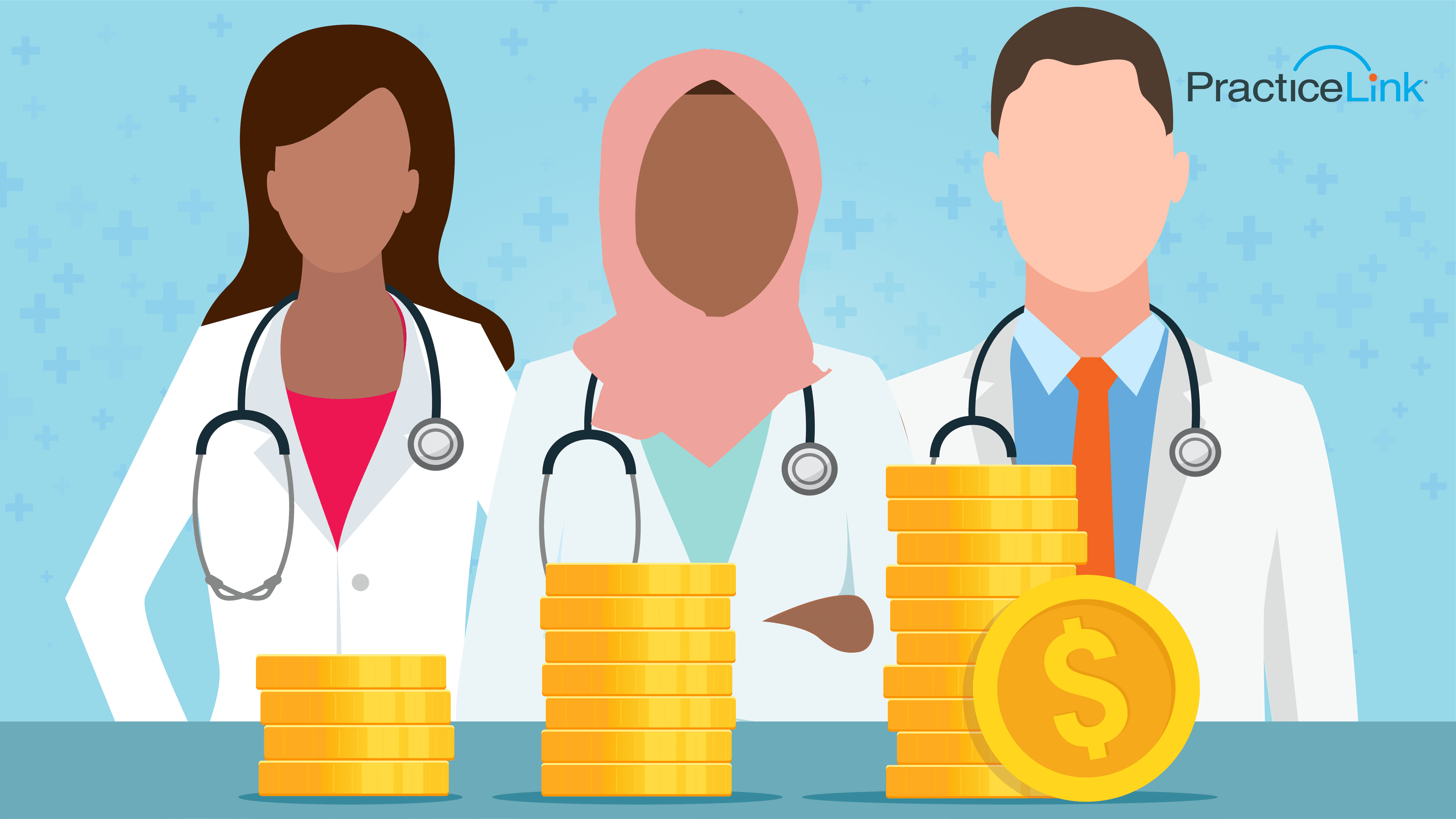 Animated image of physicians, currency and physician compensation models.