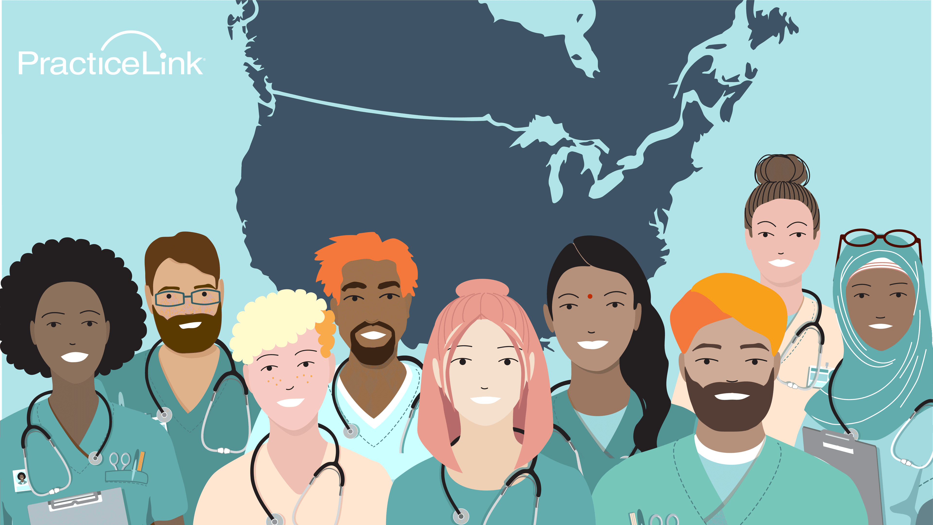 Animated image of doctors standing in front of map.