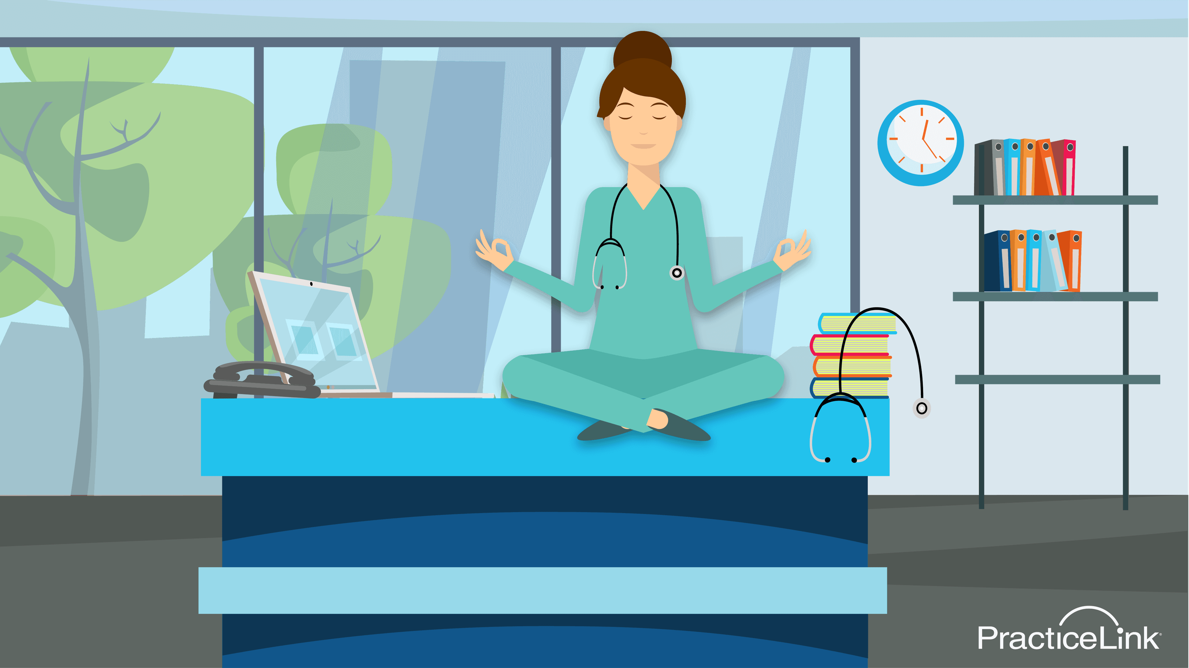 Animated image of physician practicing wellness technique.